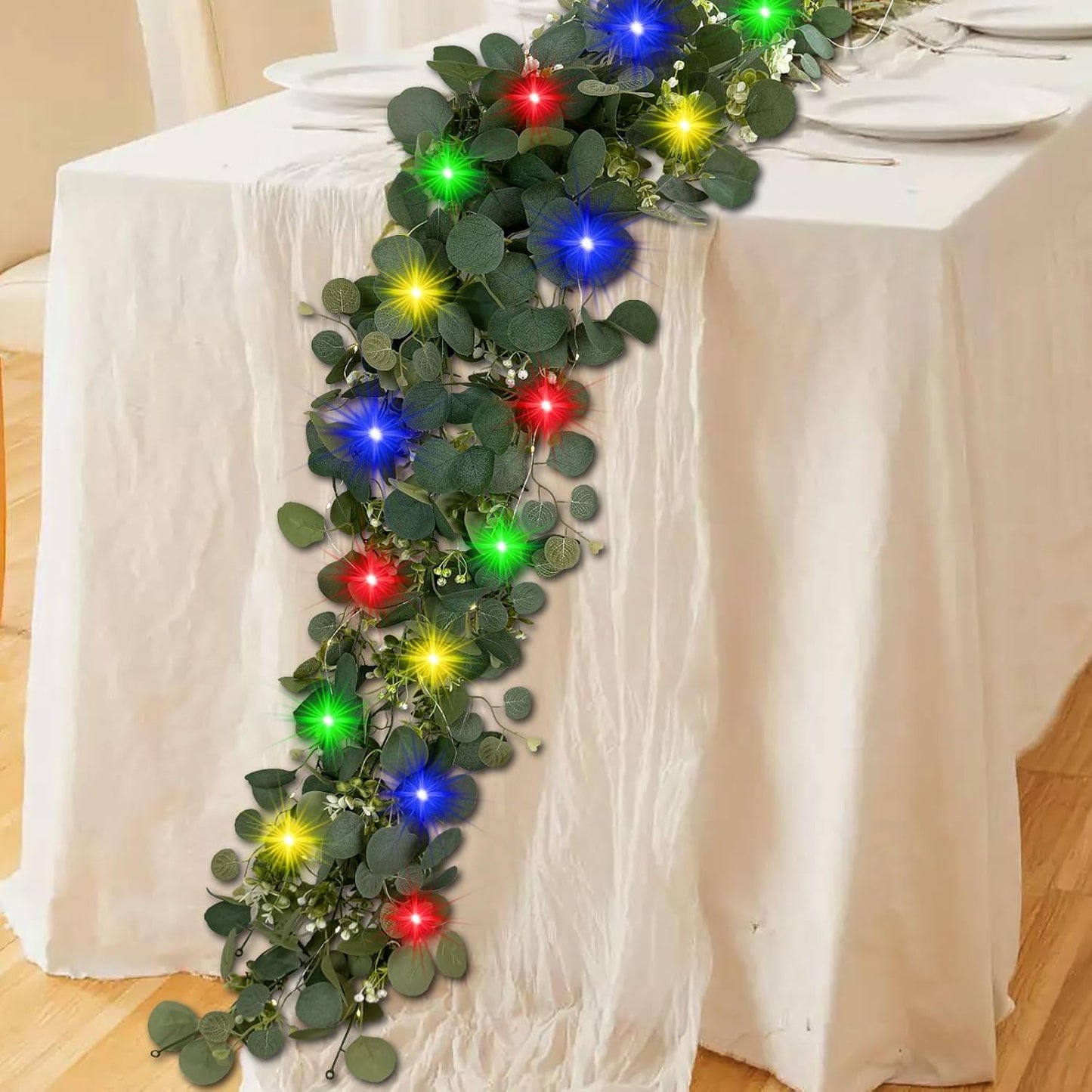 Eucalyptus Garland with Lights, 2Pcs 6FT Green Flower Garland Decor, Artificial Faux Eucalyptus Leaves Greenery Vines for Table Runner Wedding Bedroom Mantle Arches Backdrops Decorations