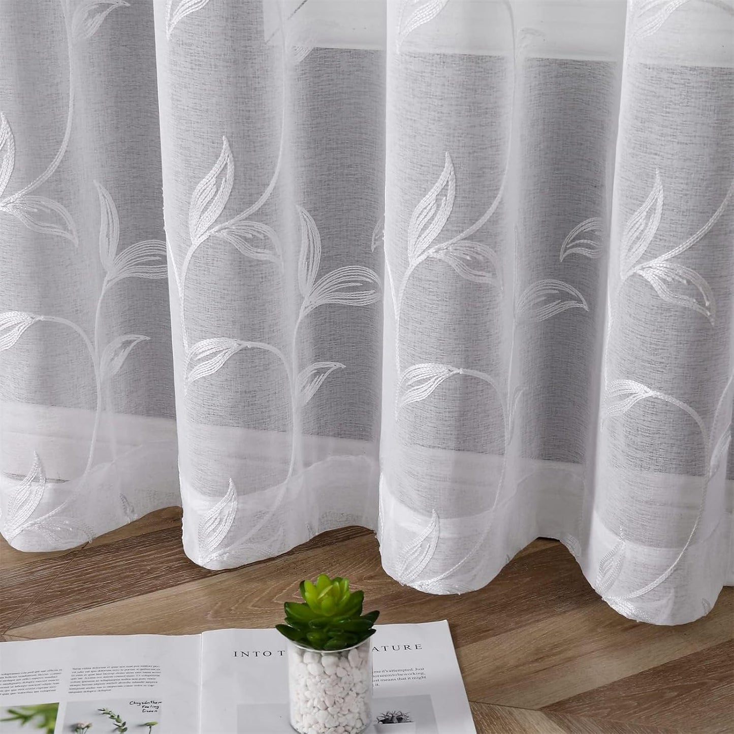VISIONTEX Sheer Curtains 120 inch Length 2 Panels Set, White Voile Crushed Vine Leaves Embroidery, Rod Pocket Embroidered Window Drapes for Living Room and Bedroom, 54" x 120"
