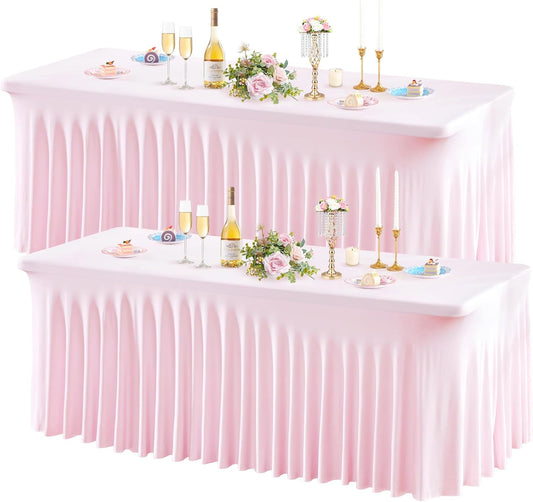 Wish Care 2 Pack Pink Spandex Table Clothes for 4 Foot Rectangle Tables, 4FT Wrinkle Free Fitted Tablecloths Ruffles Design Table Cover for Party, Banquet, Wedding and Events