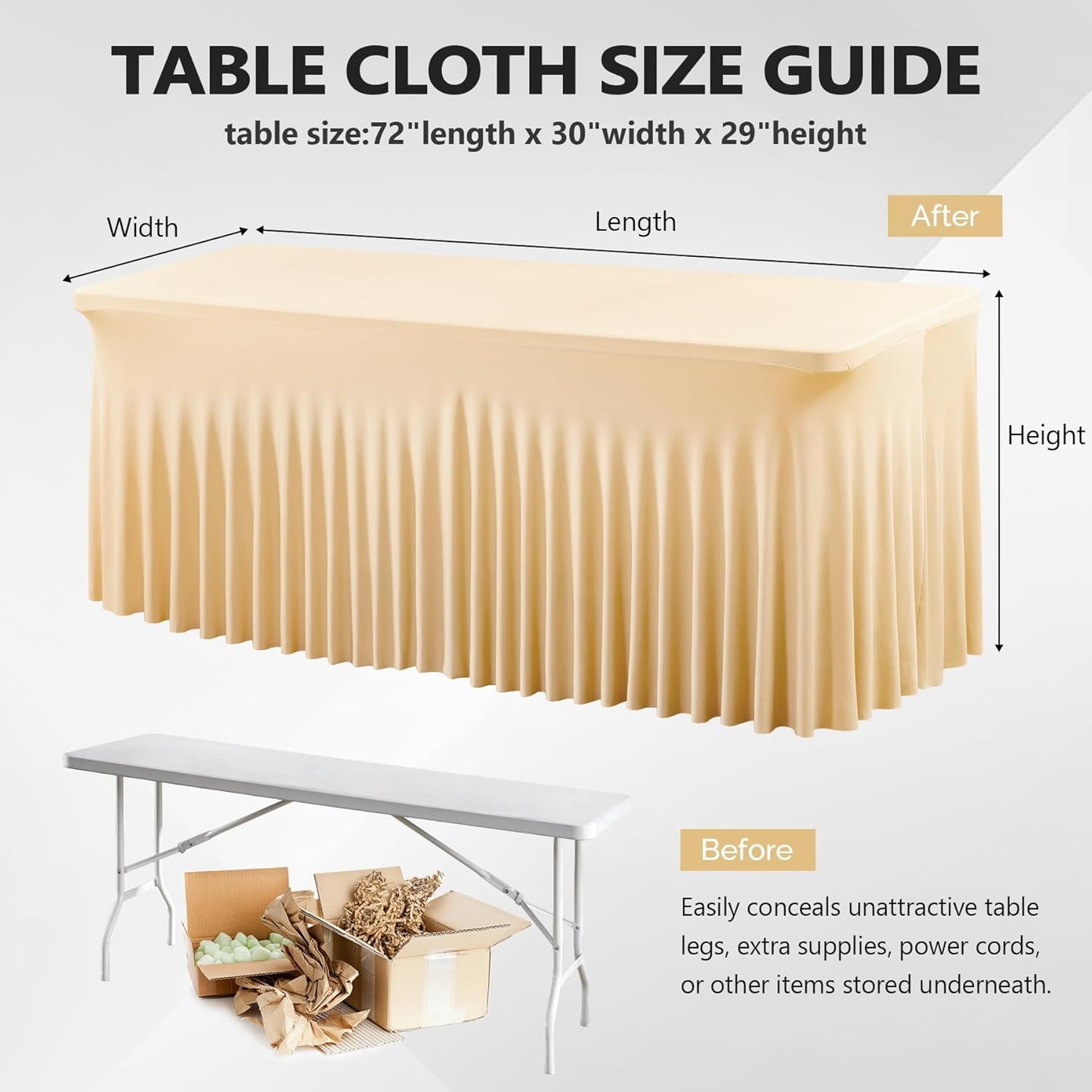 Wish Care 6 Pack Champagne Spandex Table Clothes for 6 Foot Rectangle Tables, 6FT Wrinkle Free Fitted Tablecloths Ruffles Design Table Cover for Party, Banquet, Wedding and Events
