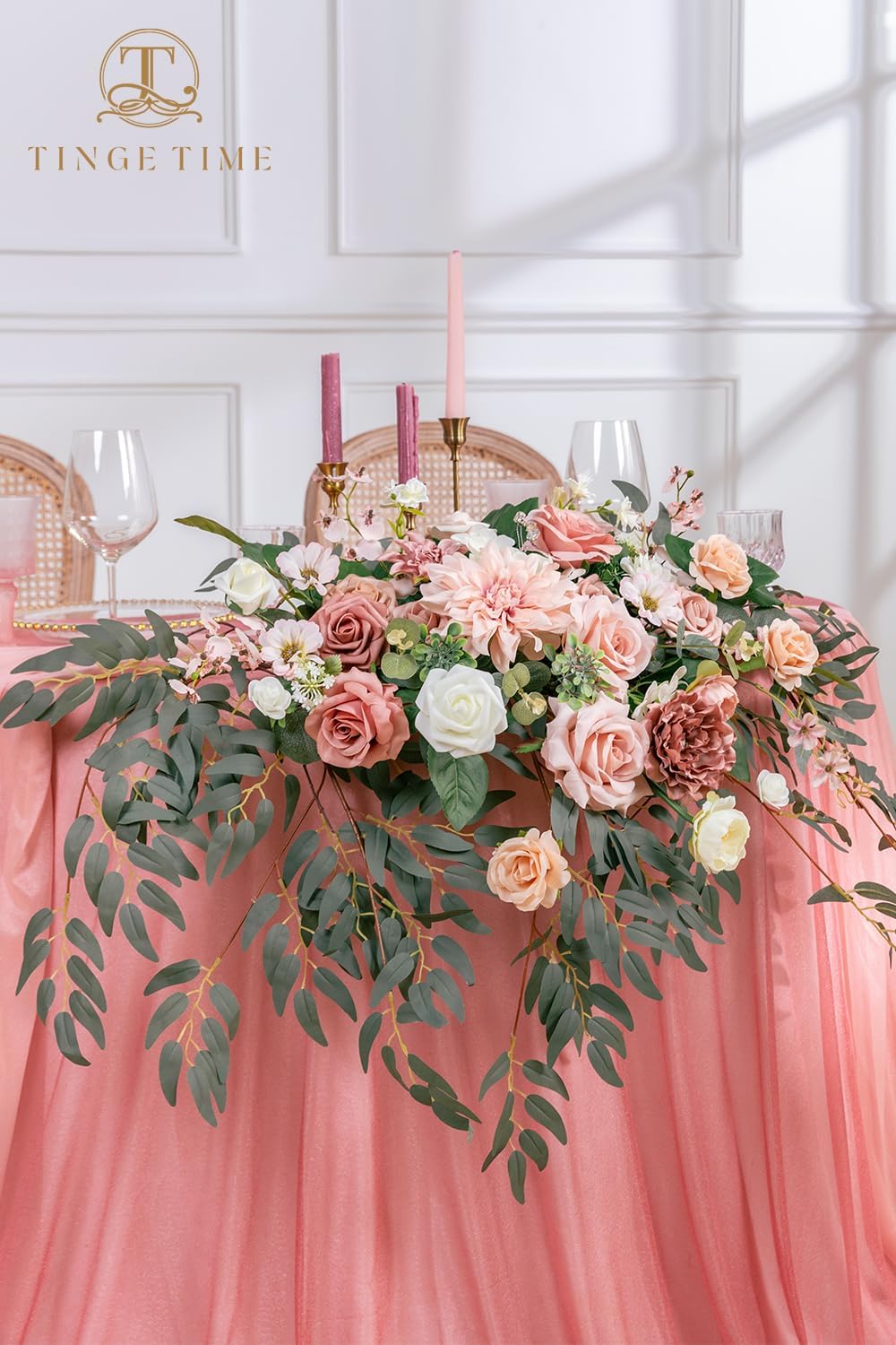 TINGE TIME Artificial Sweetheart Flower Swag with Tablecloth and Table Runner, Pack of 3 Floral Arrangement for Wedding Sweetheart Table Centerpiece Decoration Valentine's Day (DustyRose&Cream)