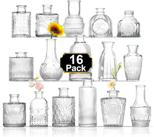 Bud Vases Set of 16, Small Vase for Flowers, Glass Vase for Centerpieces, Small Flower Vases for Centerpieces, Mini Vintage Vases, Clear Bud Vases for Wedding Table Decor