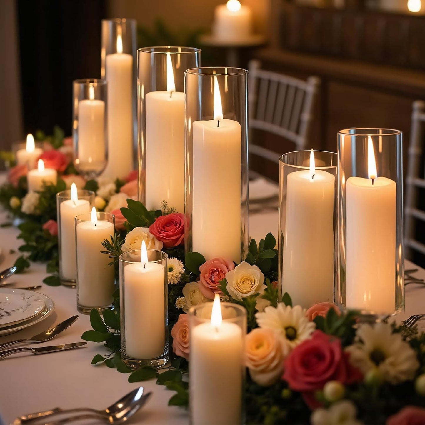 24 PCS Ivory White Pillar Candles with Glass Candle Holders Clear Hurricane Candle Holders Glass Cylinder Vases for Centerpieces Wedding Party, Event, Home Office (12 Candles+12 Candle Hoders)