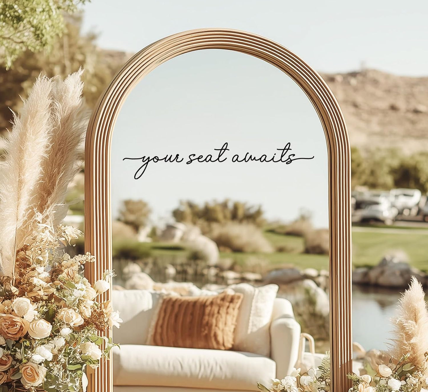 Your Seat Awaits Vinyl Decal, Wedding Seating Sticker, Mirror Decal for Seating, Please Find Your Seat Signs, Wedding Decor Sign (Black, Width 20")