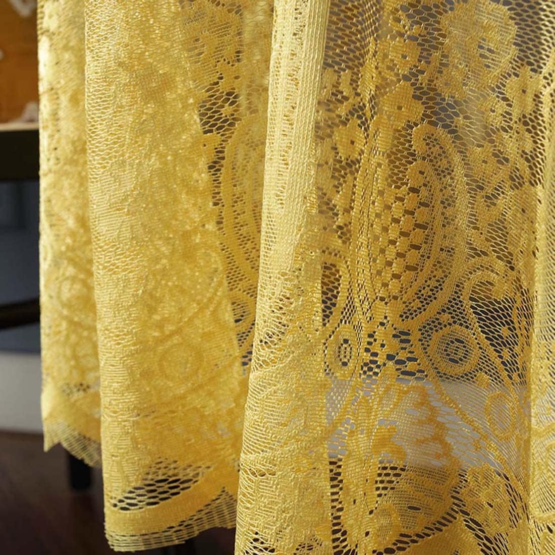 Vintage 60 inch Yellow Lace Tablecloth Floral Embroidered Boho Shabby Chic Small Table Cover for Wedding Halloween Party Dinning Holiday, 1 Piece