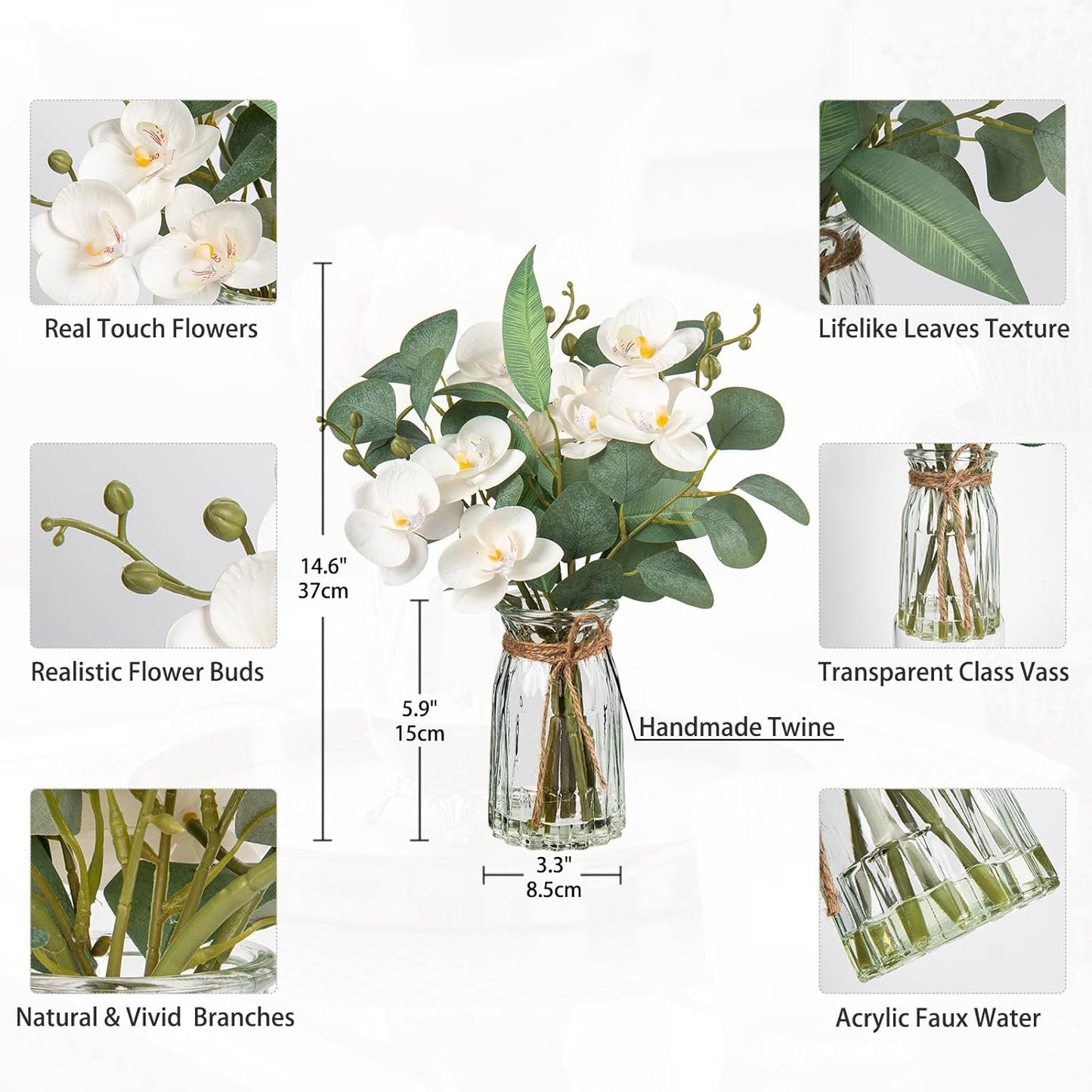 White Orchids Artificial Flowers with Vase Fake Flowers in Vase Artificial Eucalyptus Stems in Glass Vases with Faux Water Faux Orchid with Eucalyptus Leaves Arrangement for Dining Table Centerpiece
