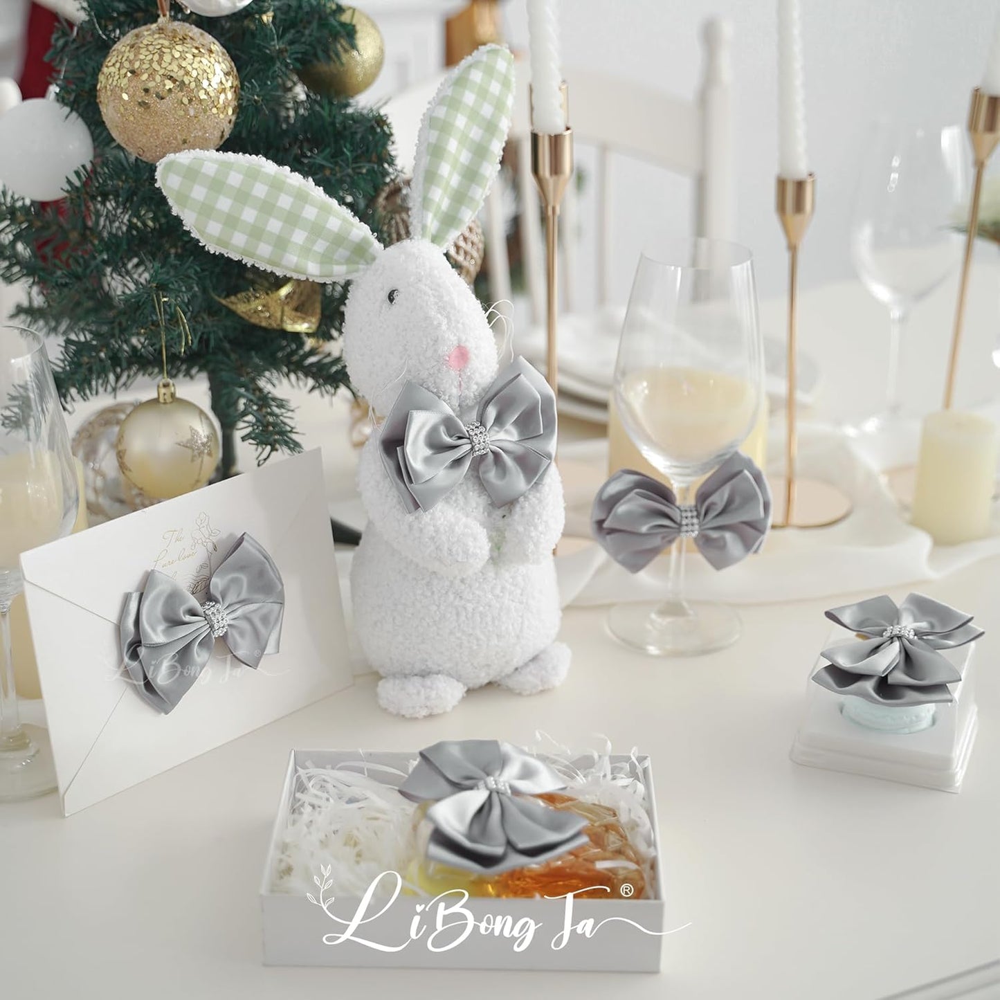 Silver Satin Bows 4'' Premade Ribbon Bow, Silver Gift Bows with Rhinestone, Wrapping Bows for Presents, Greeting Cards, Treat Bags, Wine Bottles, Valentines Bows for Gift Wrapping-12 Counts