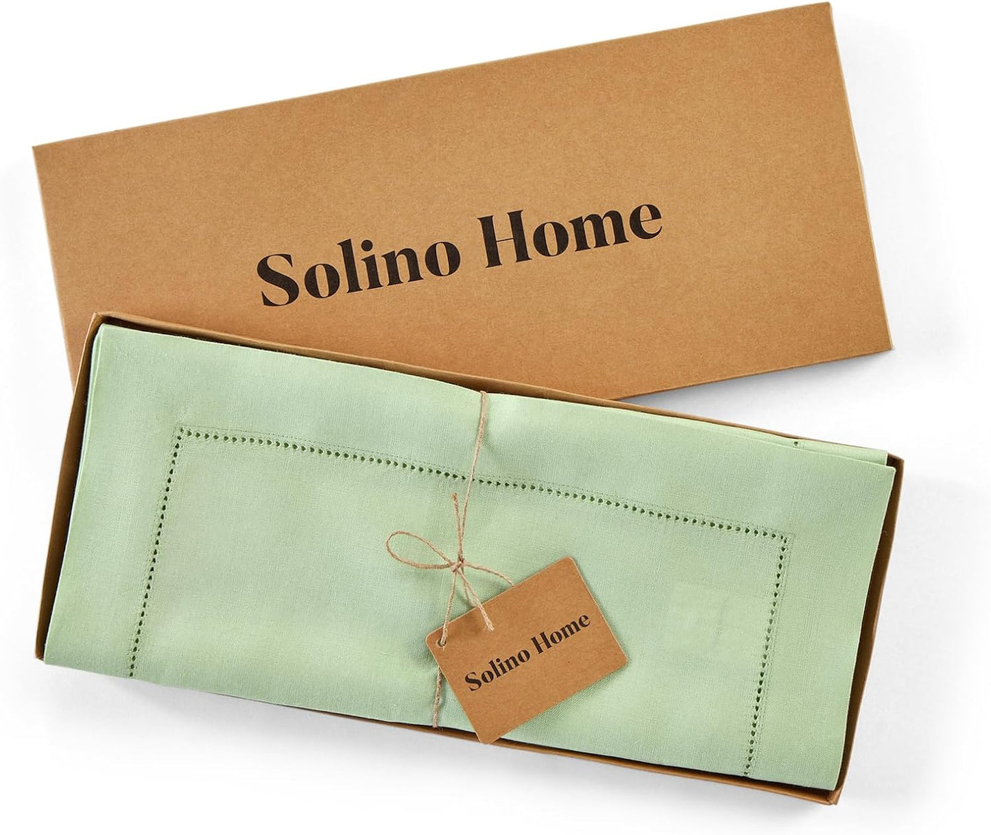 Solino Home Linen Light Green Hemstitch Table Runner 48 Inches - 100% Pure Linen Small Table Runner 14 x 48 Inch Ideal for Dresser and Coffee Tables - Classic Hemstitch