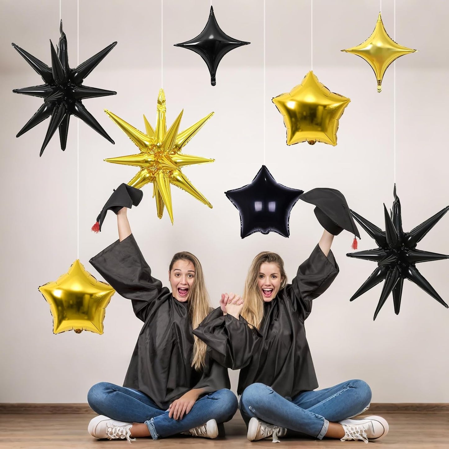 Black and Gold Star Balloons, 22in Large Star Balloons Foil 10in 4-Pointed & Pentagram Balloon for Graduation Retirement New Year Birthday Party Decorations