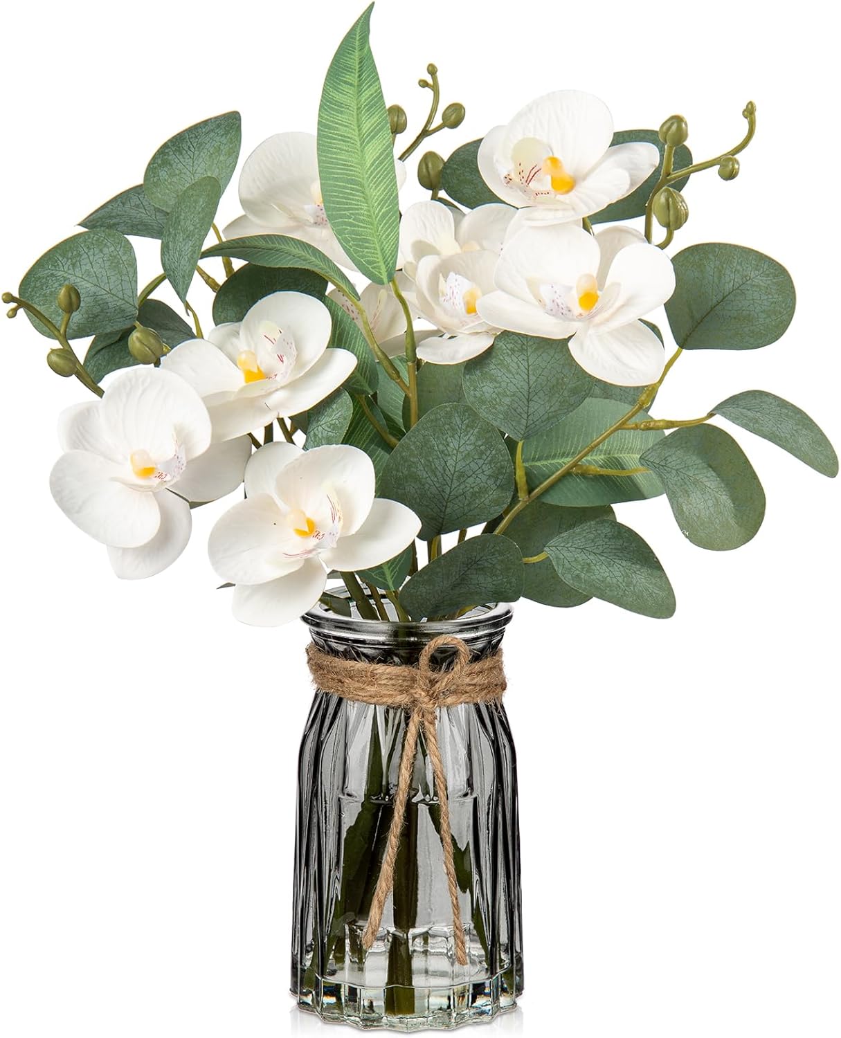 White Orchids Artificial Flowers with Vase Fake Flower in Vase Artificial Eucalyptus Stems in Glass Vases with Faux Water Faux Orchid with Eucalyptus Leaves Arrangement for Dining Table Centerpiece