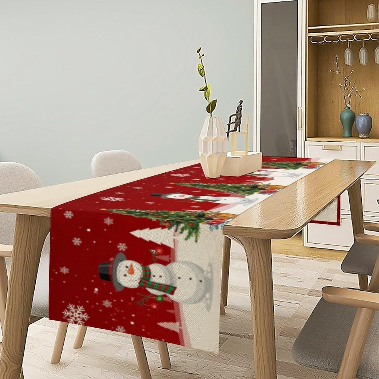 Christmas Table Runner,Snowman Rustic Red Snowflake Winter Table Cloth Kitchen Dining Table Decoration for Home Party Decor 13x108 Inch