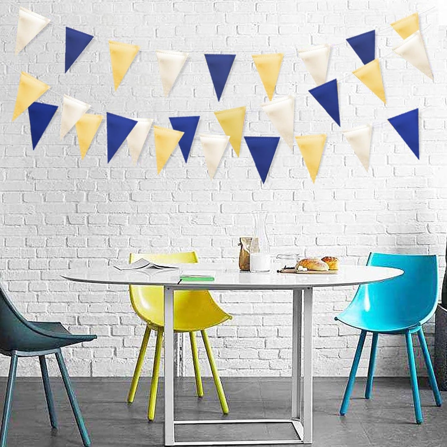 MerryNine Triangle Flag Bunting Banner, 3 Pack Vintage Style Pennant Banner for Wedding, Baby Shower, Event & Party Supplies 45pcs Flags (Navy Blue Gold Beige)