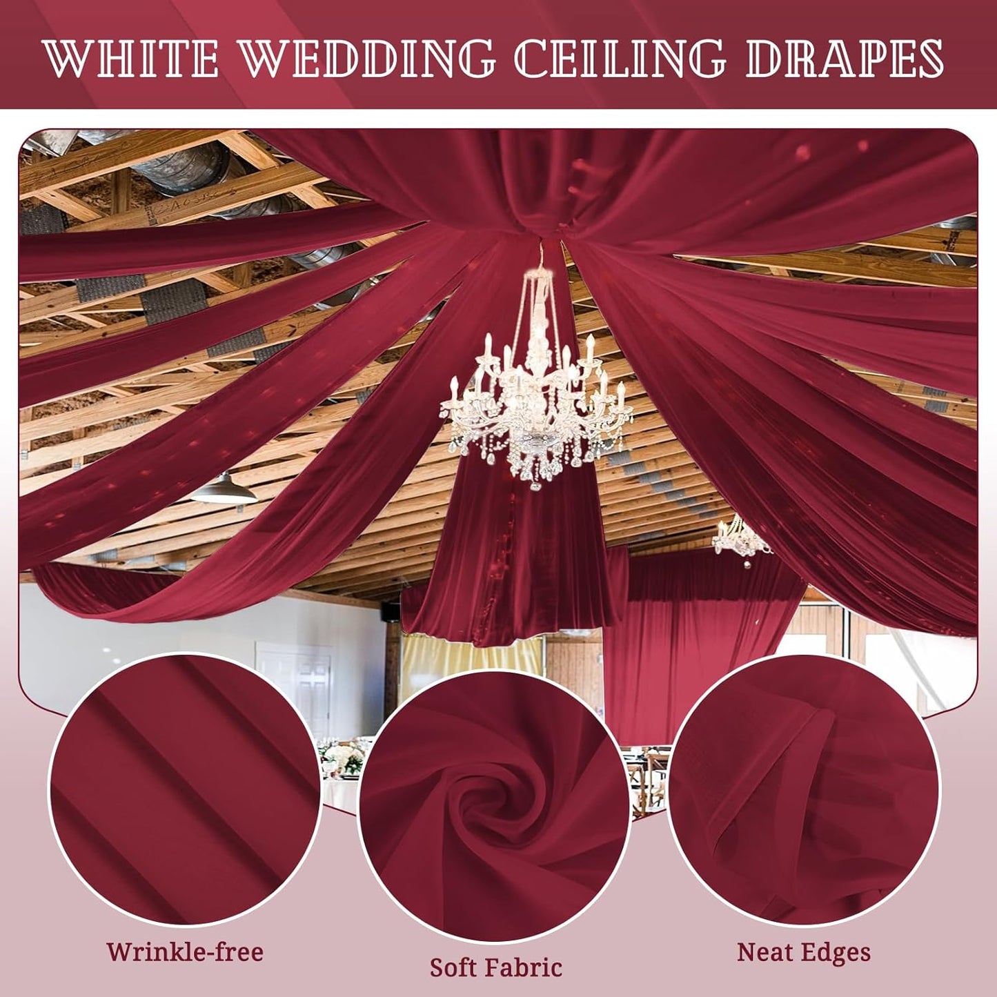 6 Panels Burgundy Ceiling Drapes for Wedding 5ftx20ft Chiffon Fabric Arch Draping Curtains Sheer Drapery for Party Ceremony Birthday Baby Shower Reception Stage Swag Ceiling Decorations