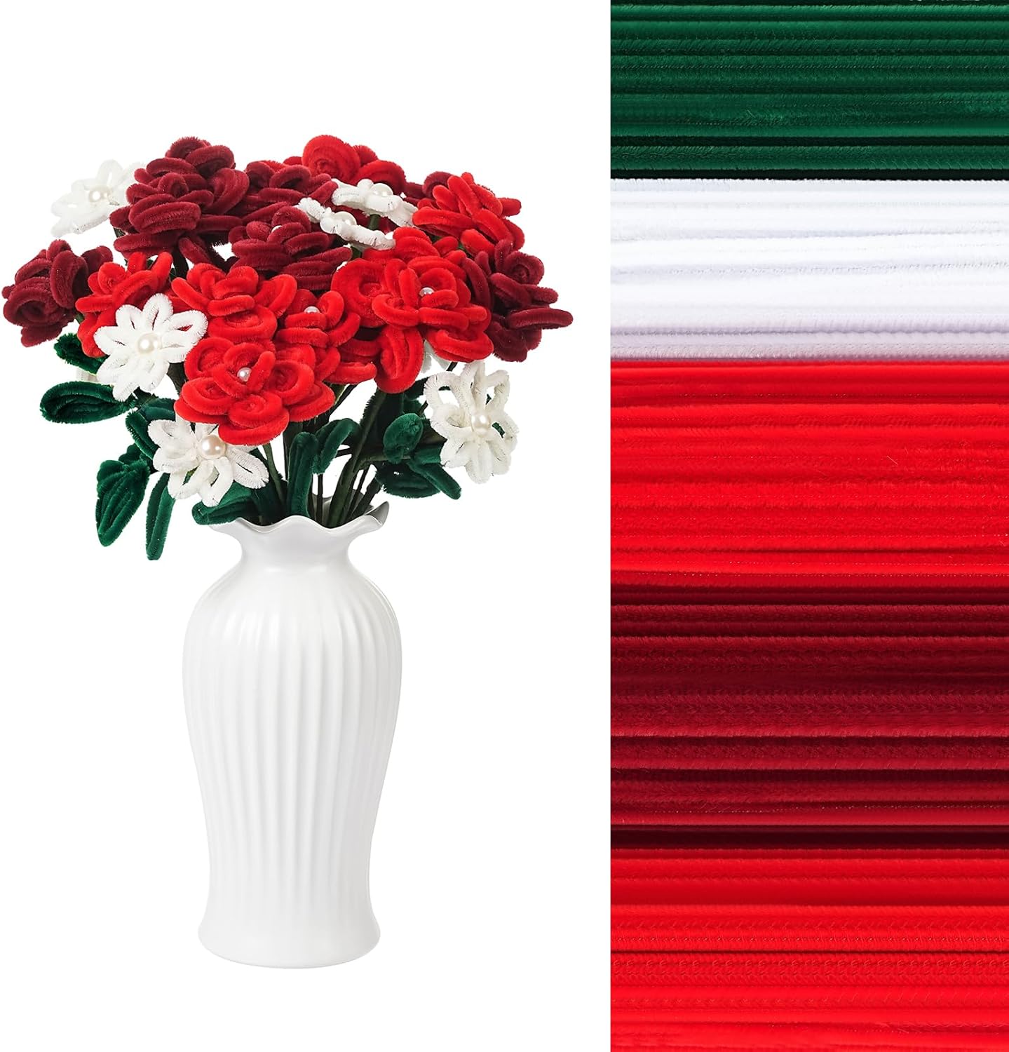 400 Pcs Red Pipe Cleaners for Crafts, 4 Colors Soft Chenille Stems Bulk with Floral Wires, Gardening Tape,Hot Glue Stick，Greeting Card,Bouquet Paper, Pearl & Ribbon, Flowers Craft kit for Christmas