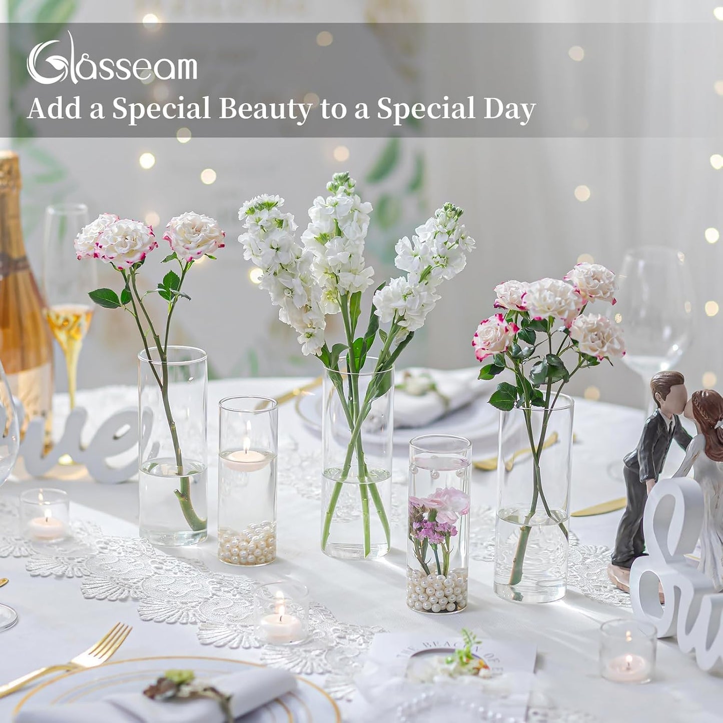 Glasseam Glass Cylinder Vase in Bulk: 32pcs Clear Small Bud Flower Vases for Centerpieces - Modern Hurricane Pillar or Floating Candle Holder for Wedding Party Table Living Room Home Decor, Tall 6"+7"