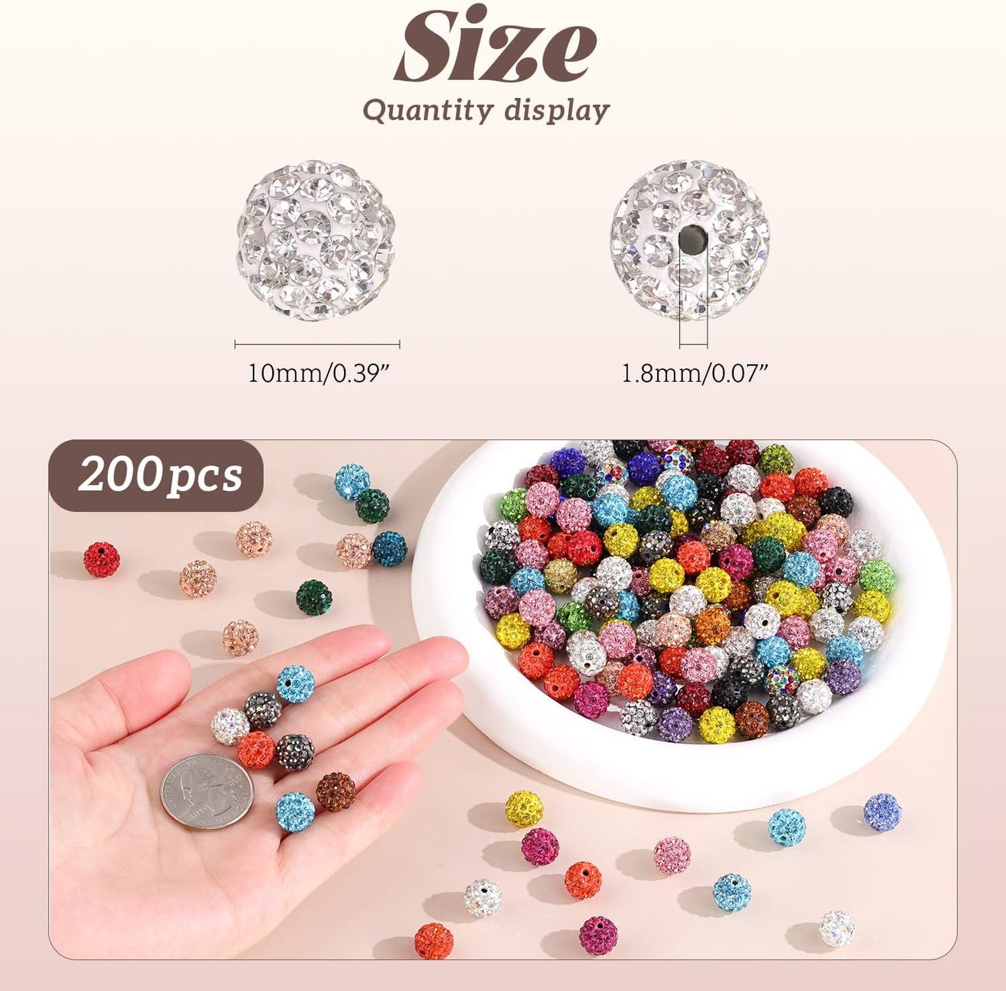 200pcs 10mm Rhinestone Beads for Jewelry Making, White Shiny Round Disco Ball Beads Bulk, Sparkle Crystal Clay Christmas for Bracelet Baseball Necklace Earring Crafting and DIY