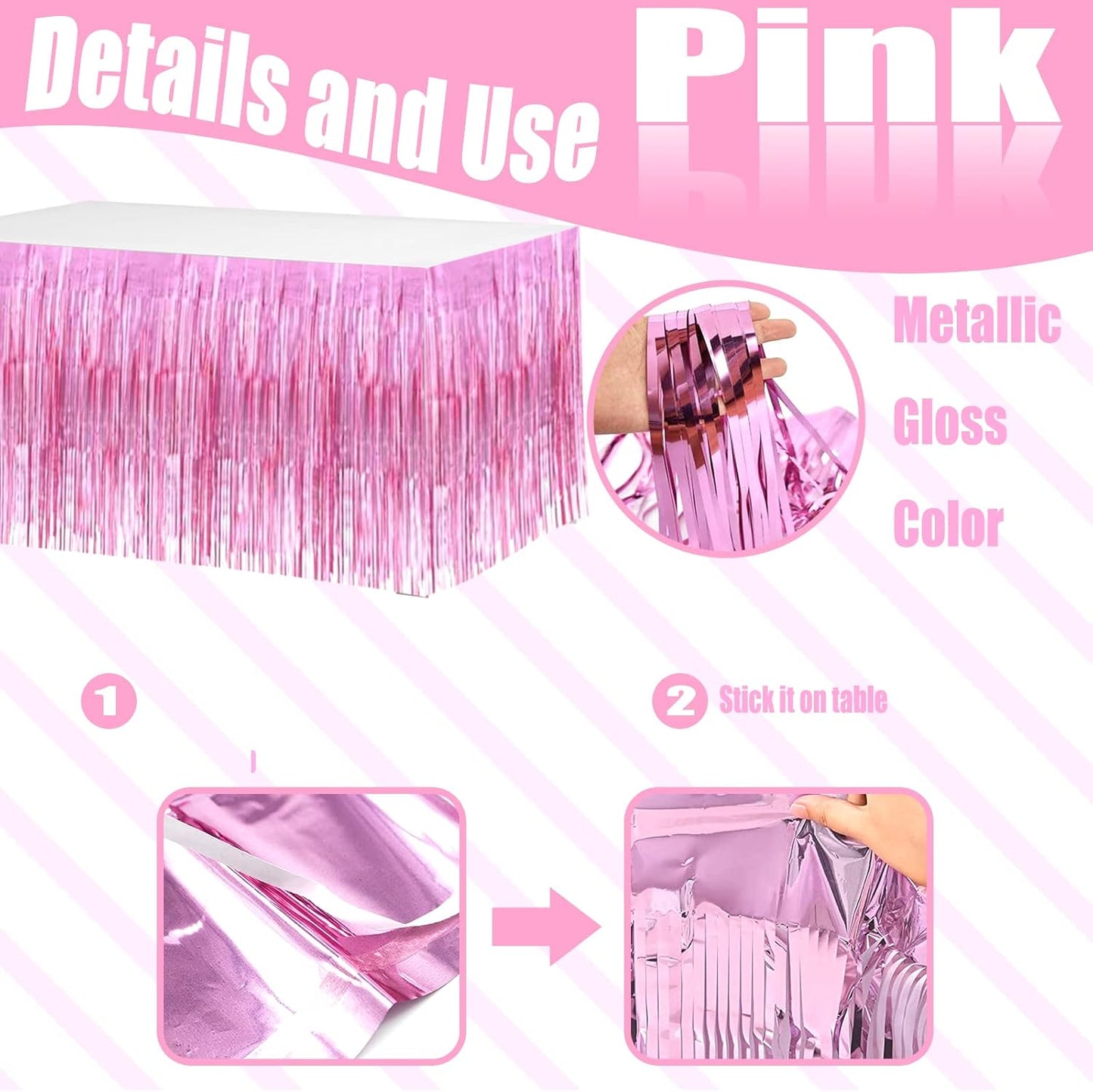 4 Pack 29x108 Inch Valentine's Day Metallic Foil Fringe Tinsel Table Skirts for Rectangle Tables Streamer Curtains Backdrop for Wedding, Birthday, Parade Floats Mardi Gras Party Decorations(Pink)