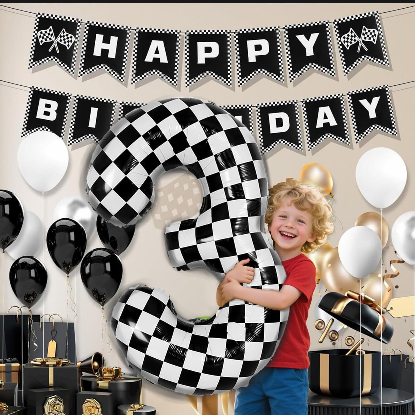 40 Inch Checkered Number Balloon - Race Flag Pattern Big Helium Balloon for Birthday Party Decorations - Black & White Balloon for Kids Adults Party Supplies (Racing Car, Number 3)