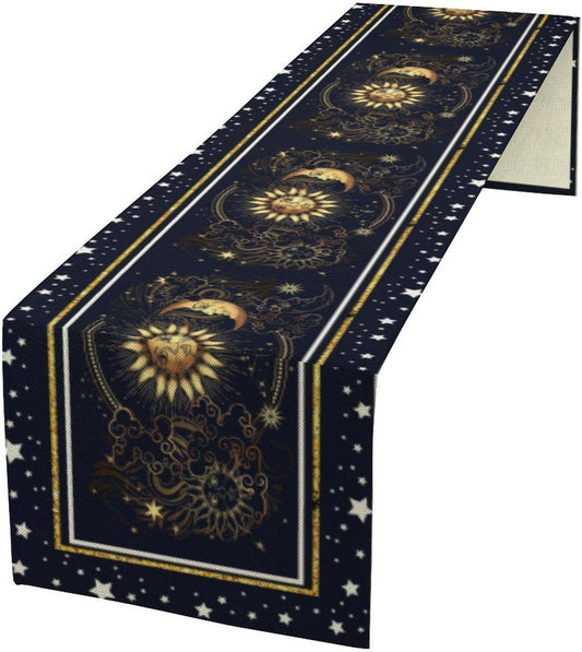 Sun Moon Table Runner, Seasonal Golden Sun Moon Holiday Kitchen Dining Table Runner for Kitchen Living Room Home Party Decor 13x120 Inch