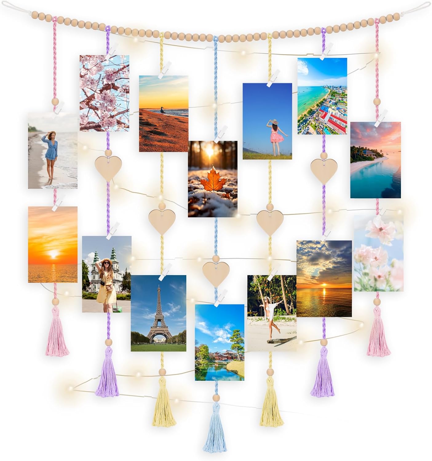 Boho Macrame Wall Decor with Hanging Photo Display and Fairy Lights 14 Wood Clips Picture Frame Holder for Teen Girl Gifts Bedroom Dorm Decor Christmas Birthday Party Art Hanging Decor