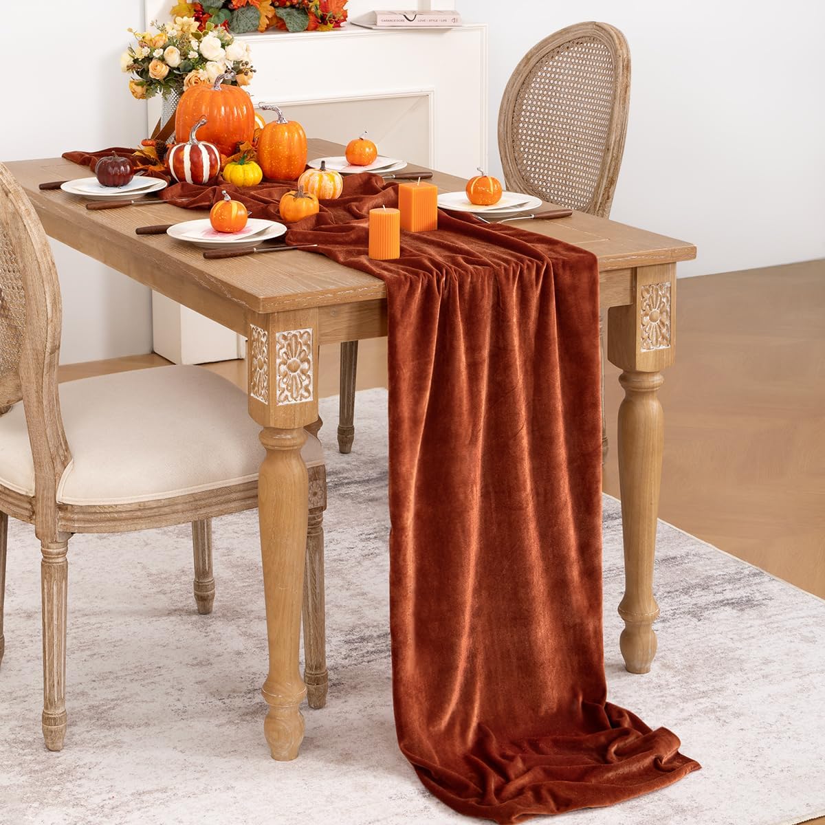 Terracotta Velvet Table Runner Fall Thanksgiving Burnt Orange Table Runner 20 x 120 Inch Luxurious Elegant Velvet Fabric Rust Red Decorations for Christmas Dinner Wedding Bridal Baby Shower