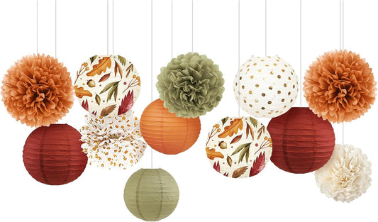 NICROLANDEE Fall Wedding Decorations, 12 PCS Orange Maple Leaf Paper Lanterns Tissue Pom Poms for Thanksgiving Day Backdrop Decoration, Fall Baby Bridal Shower, Birthday, Autumn Harvest Party Decor