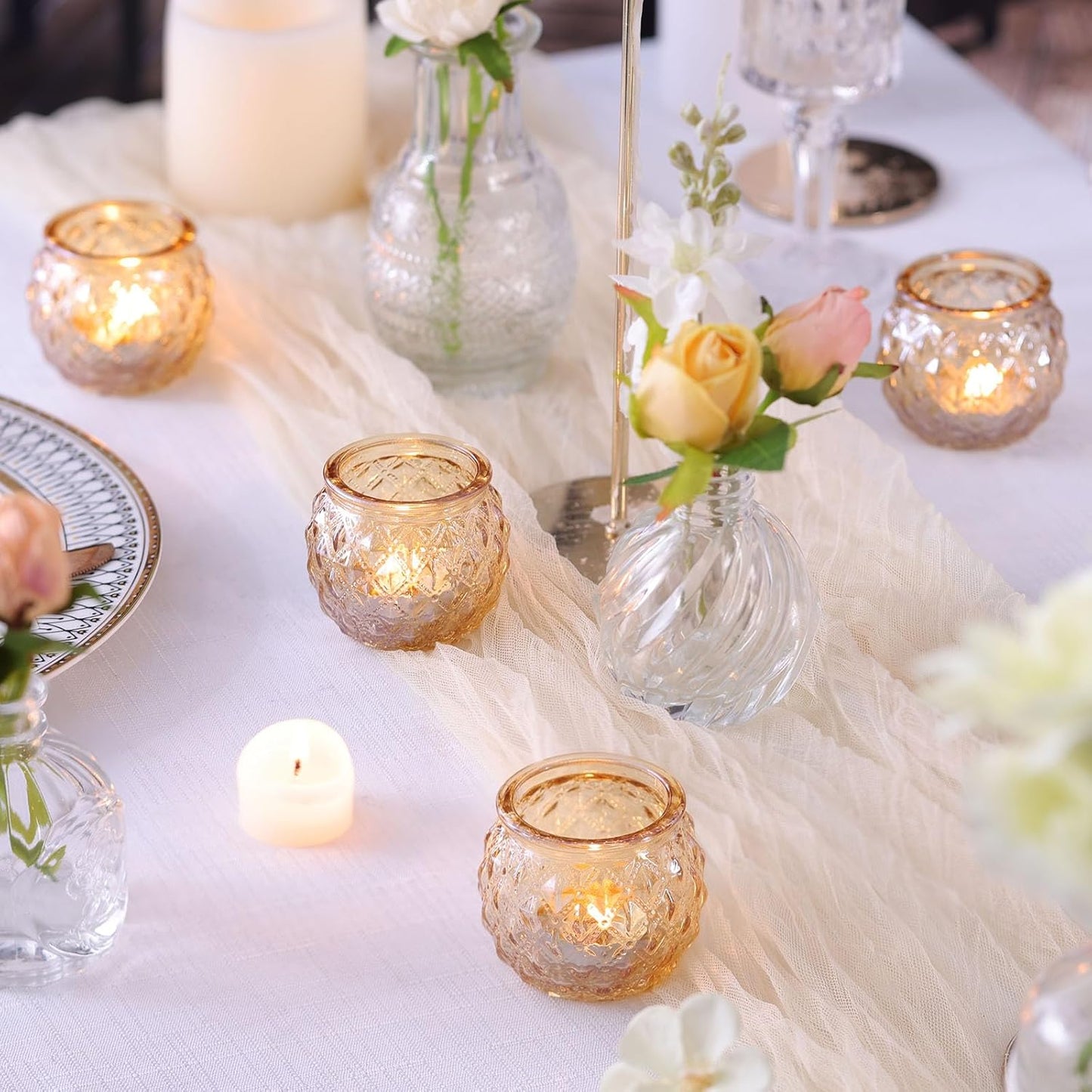 DARJEN 12Pcs Gold Glass Candle Holders - Round Tea Light Holders for Table Centerpiece, Wedding Shower, Party, Home Decor