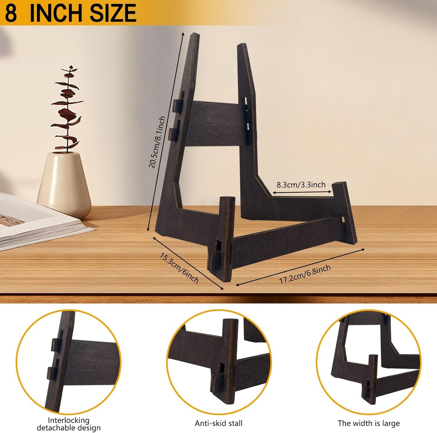 2 Pack 8 Inch Wooden Plate Stands for Display - Plate & Picture Frame Holder for Books, Photos, Plaque, Bowl | Tabletop Decorative Stand