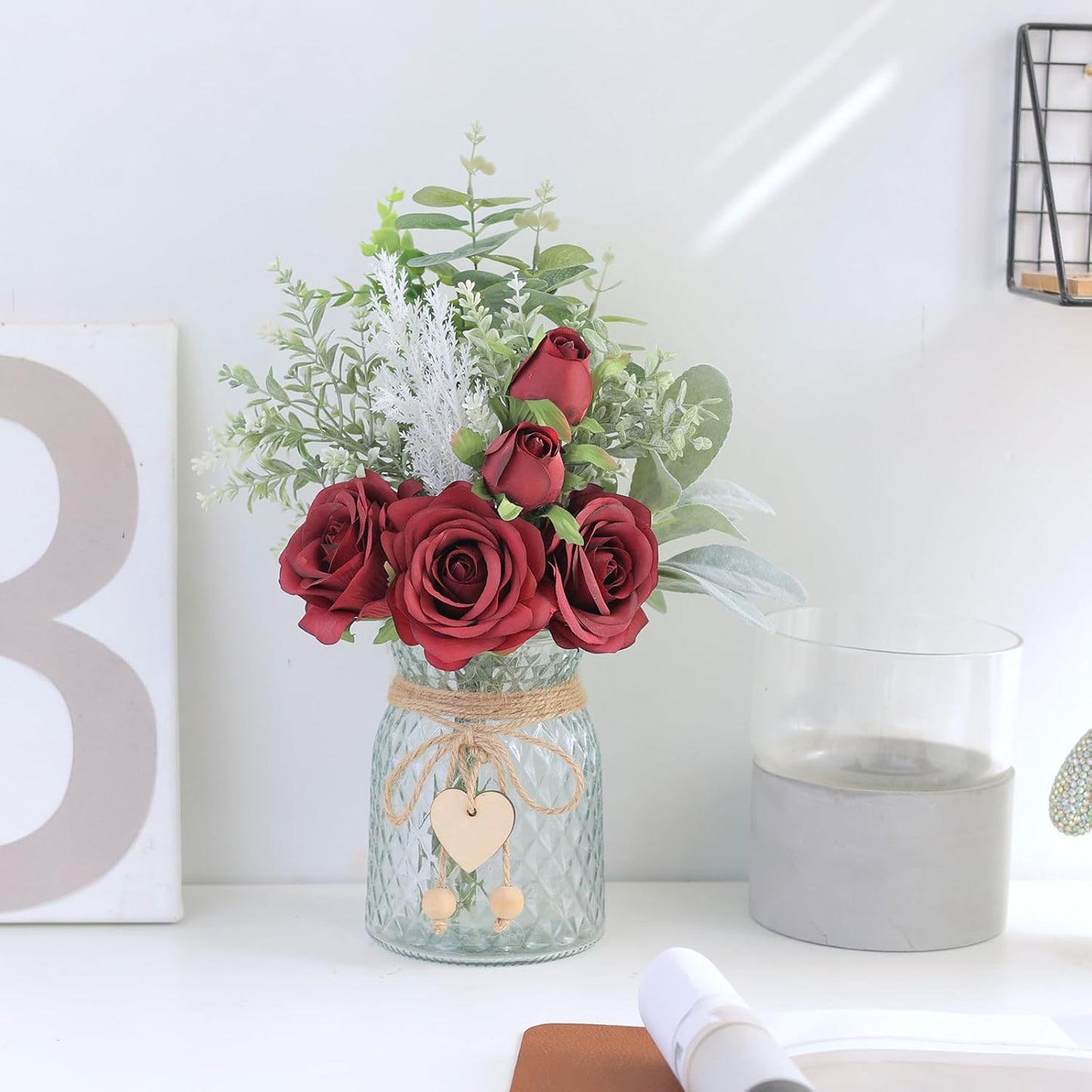 Faux Flowers with Vase,Artificial Silk Roses in Vase, Fake Plant Eucalyptus Flower Arrangement for Home Office Farmhouse Bathroom Dining Table Centerpiece Decorations Coffee Table Decor (Burgundy)