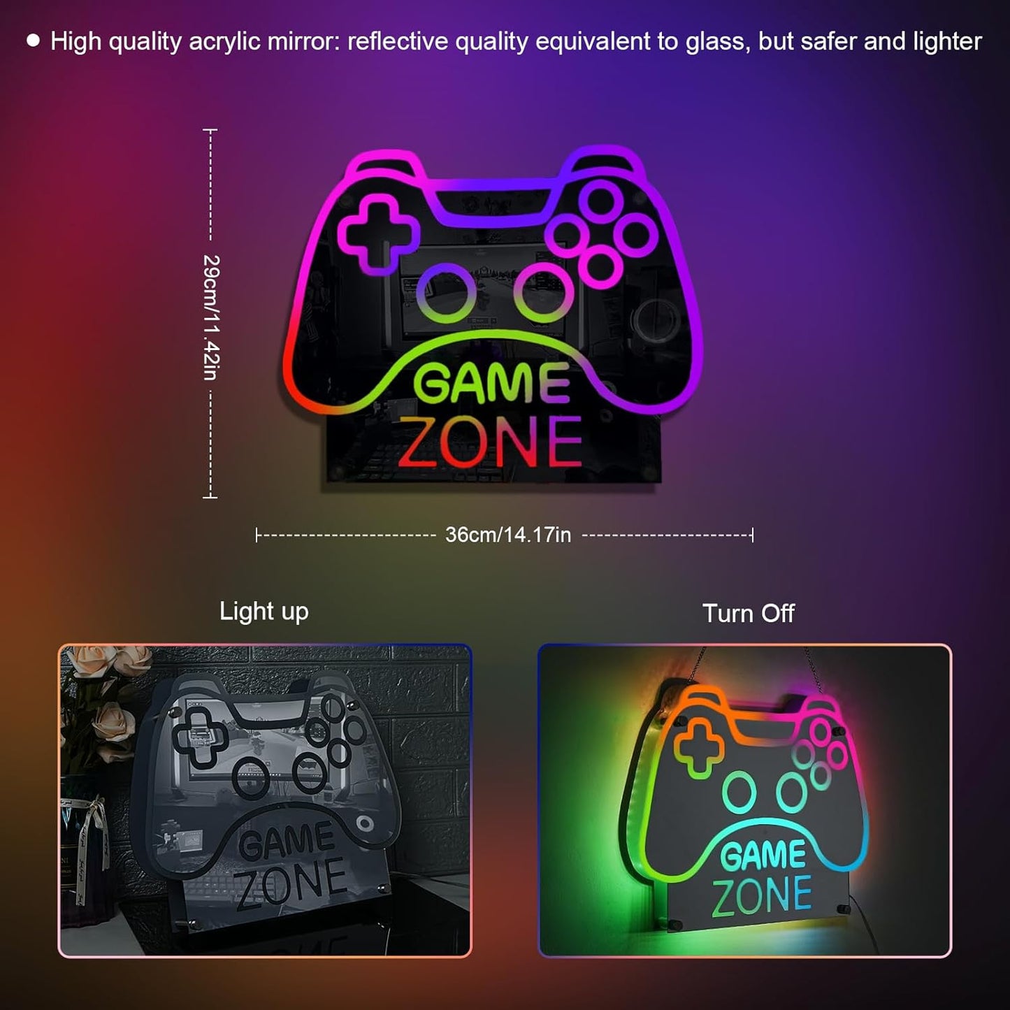 ineonlife Game Zone Controller Neon Sign Mirrored Colorful LED Lights for Gaming Room Decor Light Up Signs for Teen Boy Bedroom Decoration Best Gift for Kids 11.42 x 14.17 inches USB Powerd