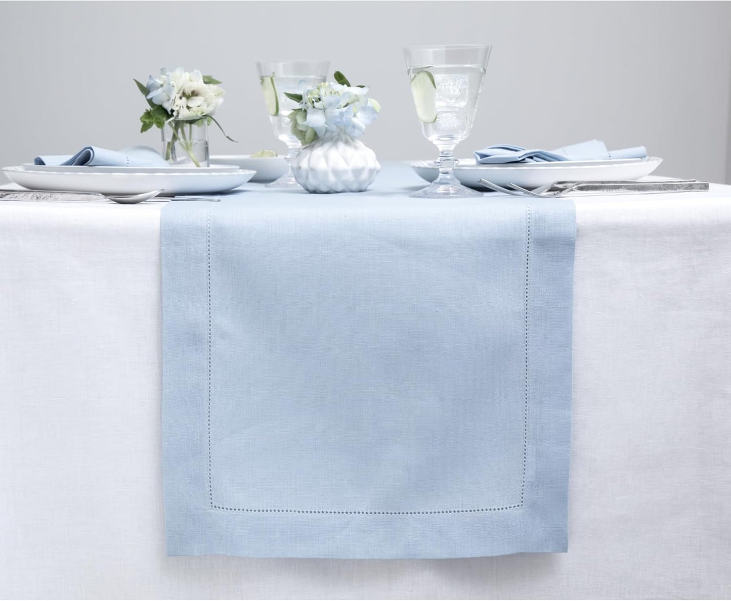 Solino Home Linen Sky Blue Table Runner 156 Inches Long - 100% Pure Linen Extra Long Table Runner 14 x 156 Inch - Classic Hemstitch