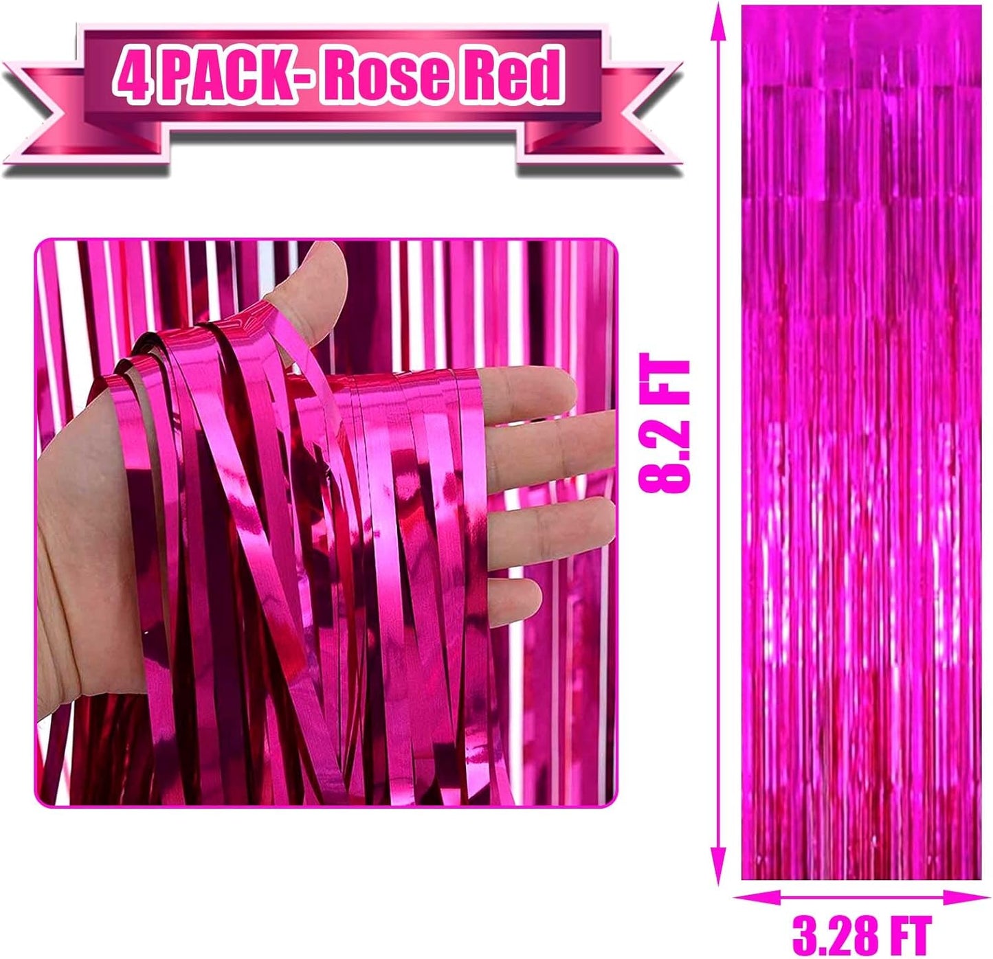 4 Pack Fuchsia Foil Fringe Curtain Backdrop,3.28Ft x 8.2Ft Metallic Tinsel Foil Fringe Streamer Curtains for Party,Photo Booth Props,Birthday,Graduation Decoration Party Supplies