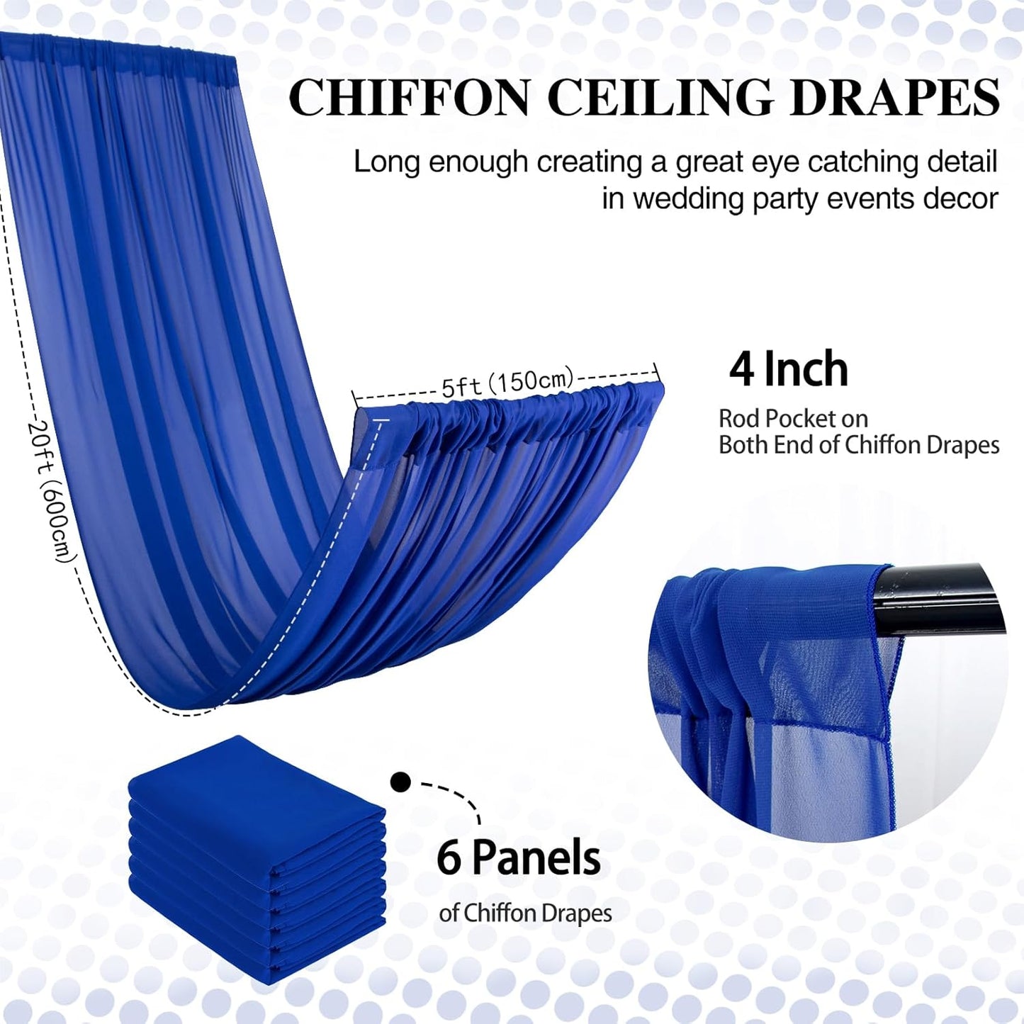 DUOBAO Royal Blue 5x20ft Chiffon Drapes | 6pc Elegant Sheer Wedding Backdrop Curtains | Perfect for Tent, Banquet Hall, and Photography