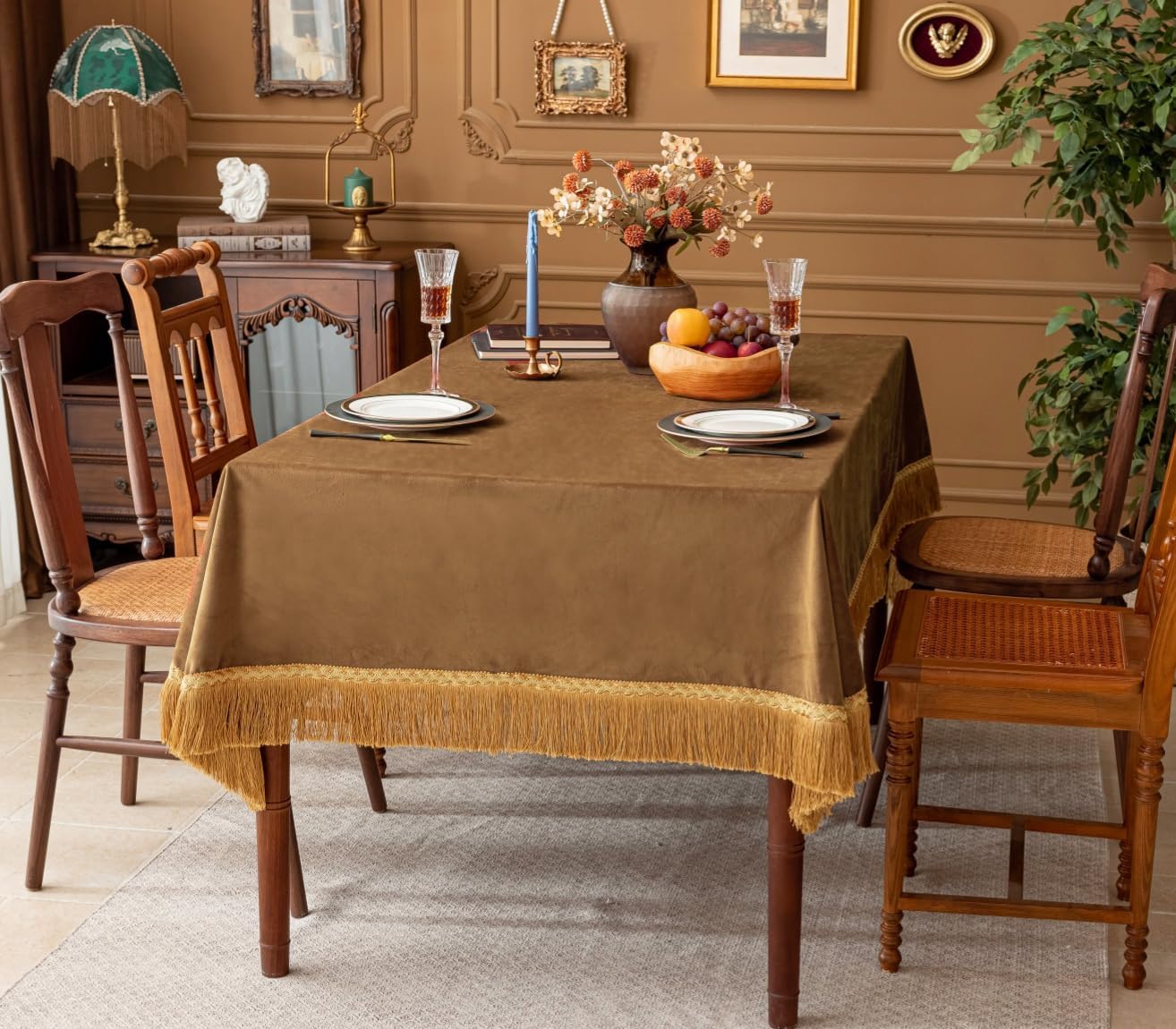 F-CHU Luxury Camel Tablecloth Thickset Velvet Tablecloth with Beautiful Gold Tassels Vintage Table Cloth for Home Decor Wedding, Party, Banquet and Events 60x120-Inch