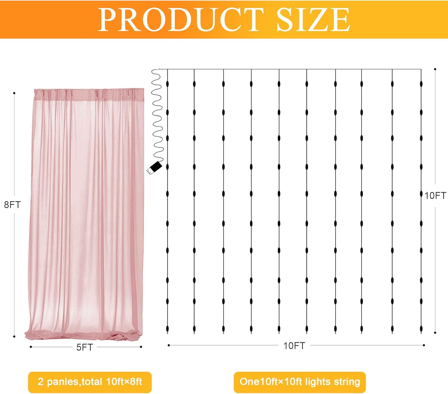 Fomcet Dusty Rose Tulle Backdrop Curtains with Lights String 10FT X 8FT Sheer Curtain with Lights Tulle Curtains Backdrop for Wedding Birthday Party Photo Shoot (2 Panels 5x8FT)