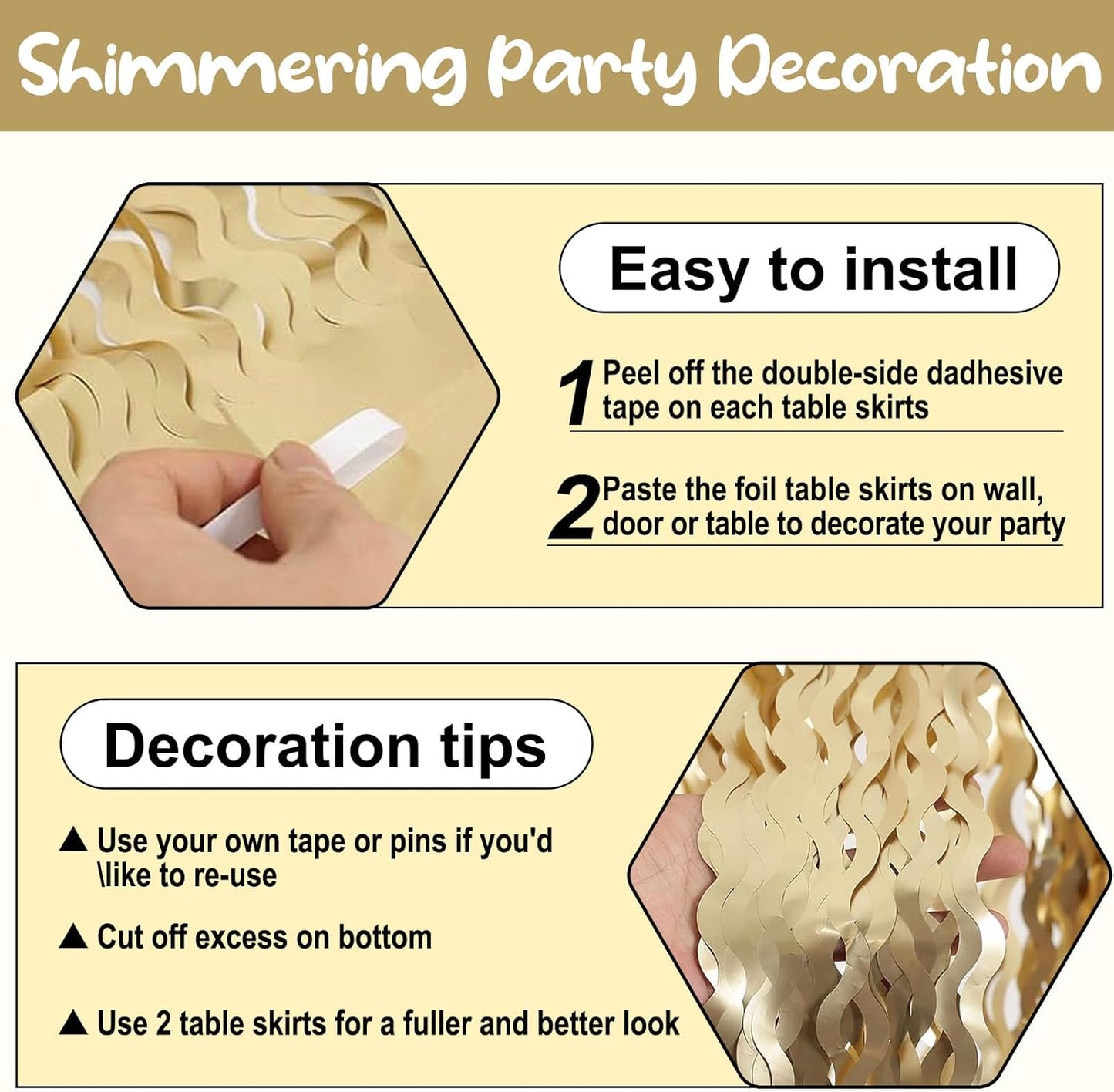 6 Pack 29 x108 Inch Champagne Gold Wave Foil Fringe Table Skirts Metallic Banner for Tinsel Streamer Garland Backdrop for Parade Floats, Mother's Day, Easter, Wedding, Birthday Party Decoration