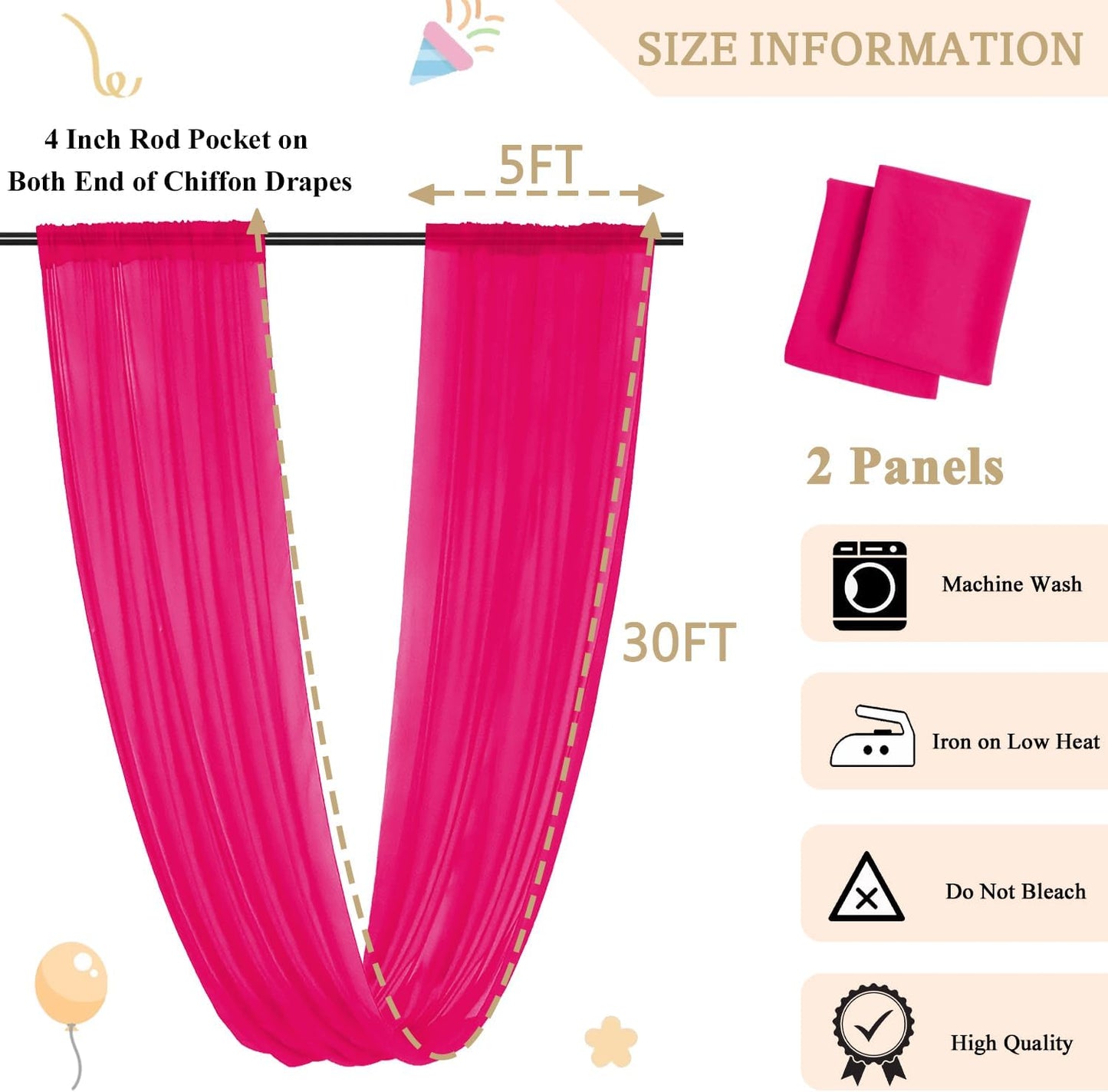 MODFUNS Hot Pink Ceiling Drapes for Weddings 5x30ft 2 Panels Sheer Chiffon Ceiling Draping Fabric Fuchsia Sheer Draping Tulle Swag Curtain for Wedding Party Stage Prom Banquet Decoration
