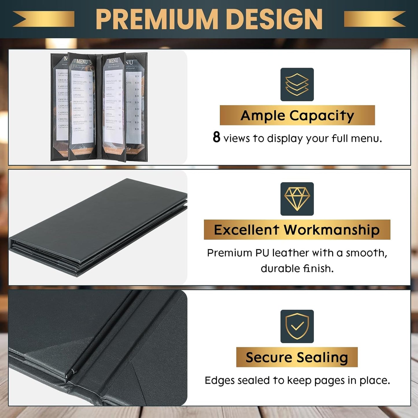 12 Pack 6 View Menu Holder Menu Covers 4.25" x 11" | Black Leather Menu Sleeves Book Style for Restaurant Coffee Bars Wine List