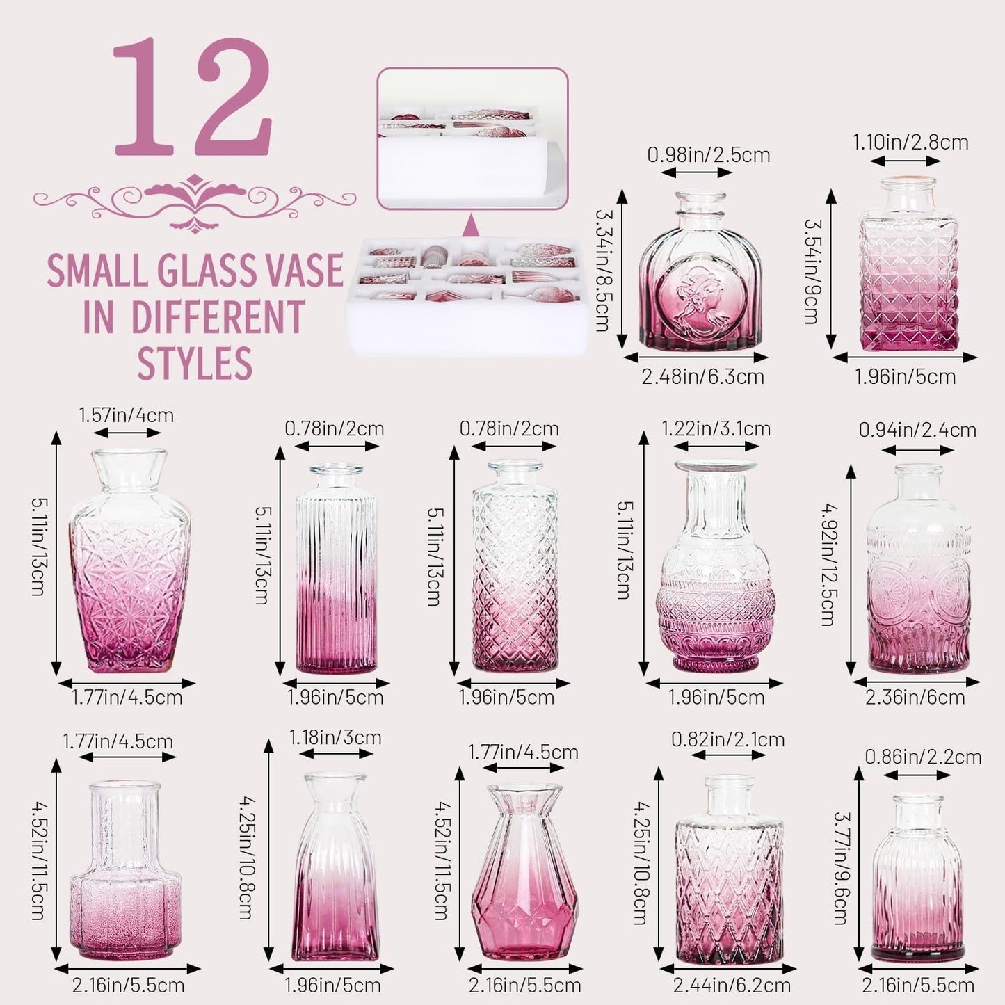 Mini Bud Vases Set of 12 As Wedding Centerpieces for Tables,Clear Bud Vases for Flowers,Small Flower Vases Suitable for Birthday Party,Anniversary,Wedding Reception,Baby Shower (Purple)