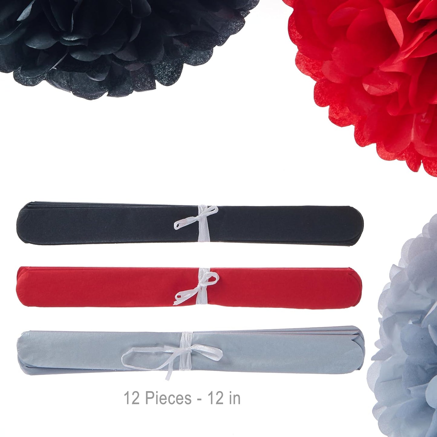 WEVEN Tissue Pom Poms Tissue Paper Flowers Tissue Fluff Balls Party Decorations 12-Inch Pack of 12 (Red, Black, Silver)