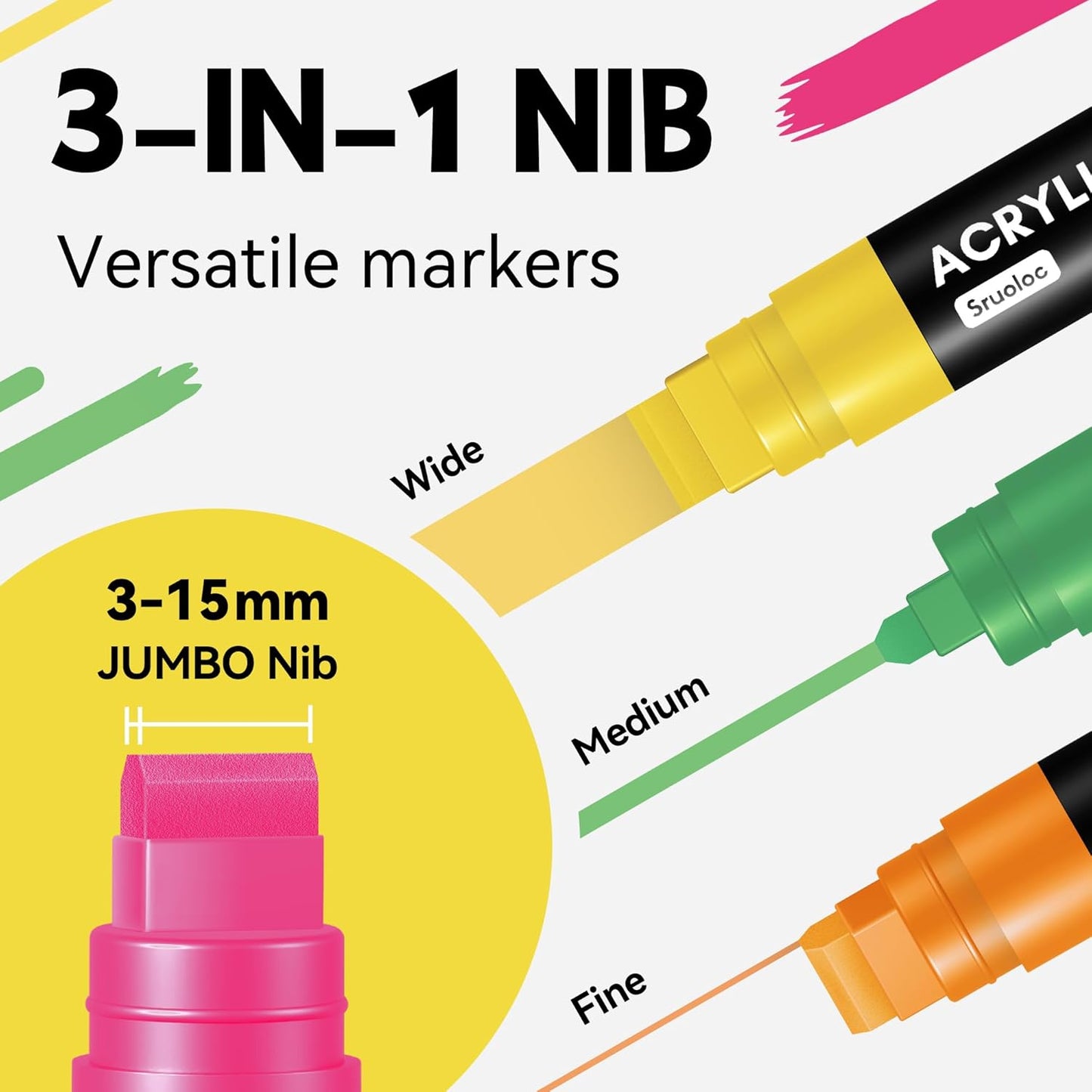 12 Neon Colors Jumbo Markers, 15mm Jumbo Felt Tip, Acrylic Paint Markers for Rock Painting, Poster, Stone, Ceramic, Glass, Wood, Canvas