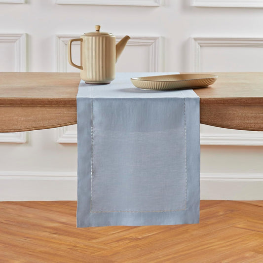 Solino Home Linen Dusty Blue Table Runner 108 Inches Long - 100% Pure Linen Hemstitch 14 x 108 Inch Table Runner for Dining, Fall, Autumn, Thanksgiving - Classic Hemstitch