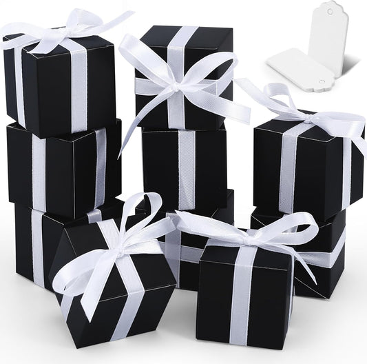 COCPOK 50 Pack Black Gift Boxes, 2x2x2 inch Gift Box, Small Candy Boxes with Lids and Ribbons, Paper Favor Box for Wedding Bridal Shower Baby Shower Birthday Party