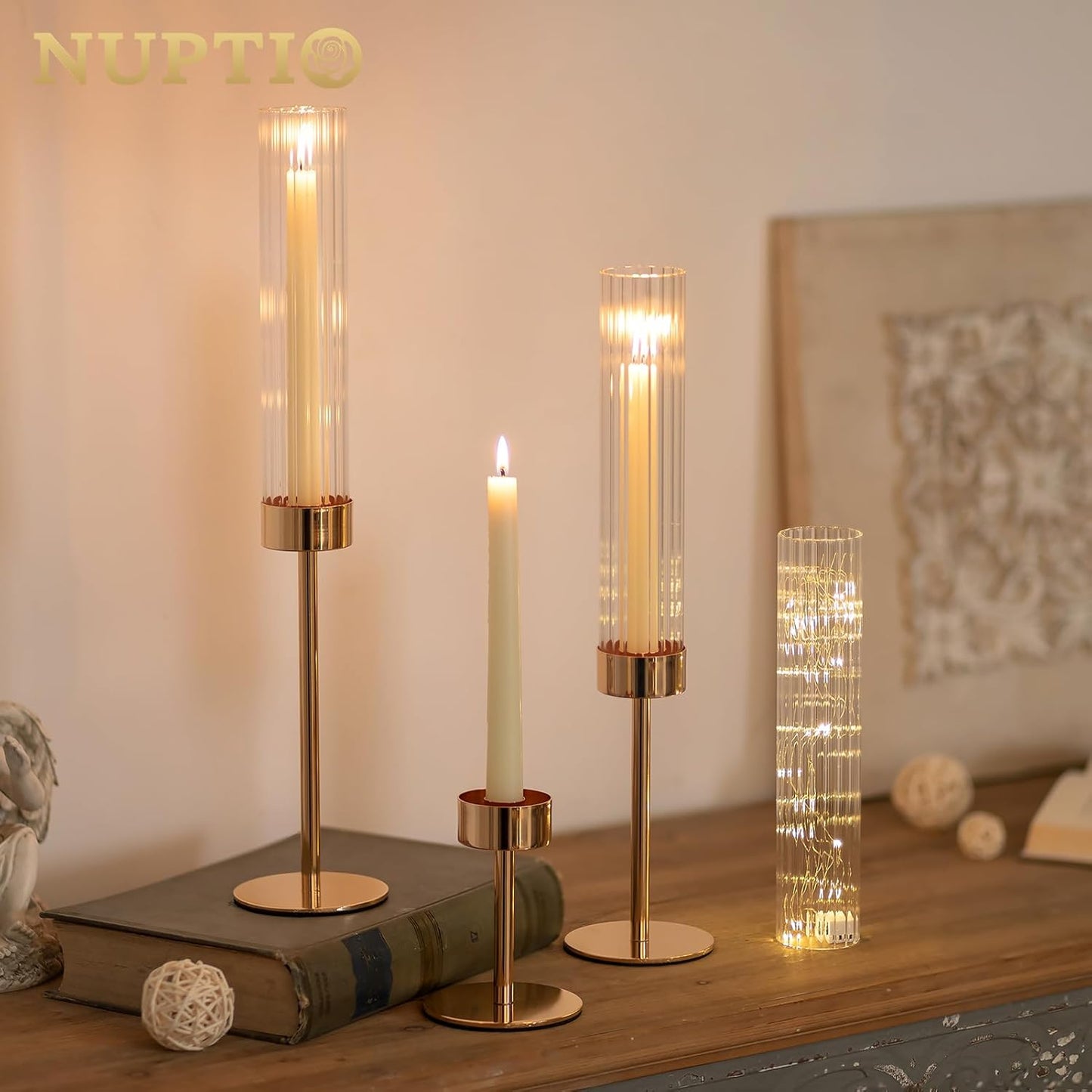 NUPTIO Hurricane Glass Candles Holder: 18 Pcs Gold Taper Candle Stick Holder Bulk - Modern Candlestick Decor with Tall Ribbed Chimney Sleeve for Thanksgiving Christmas Centerpiece