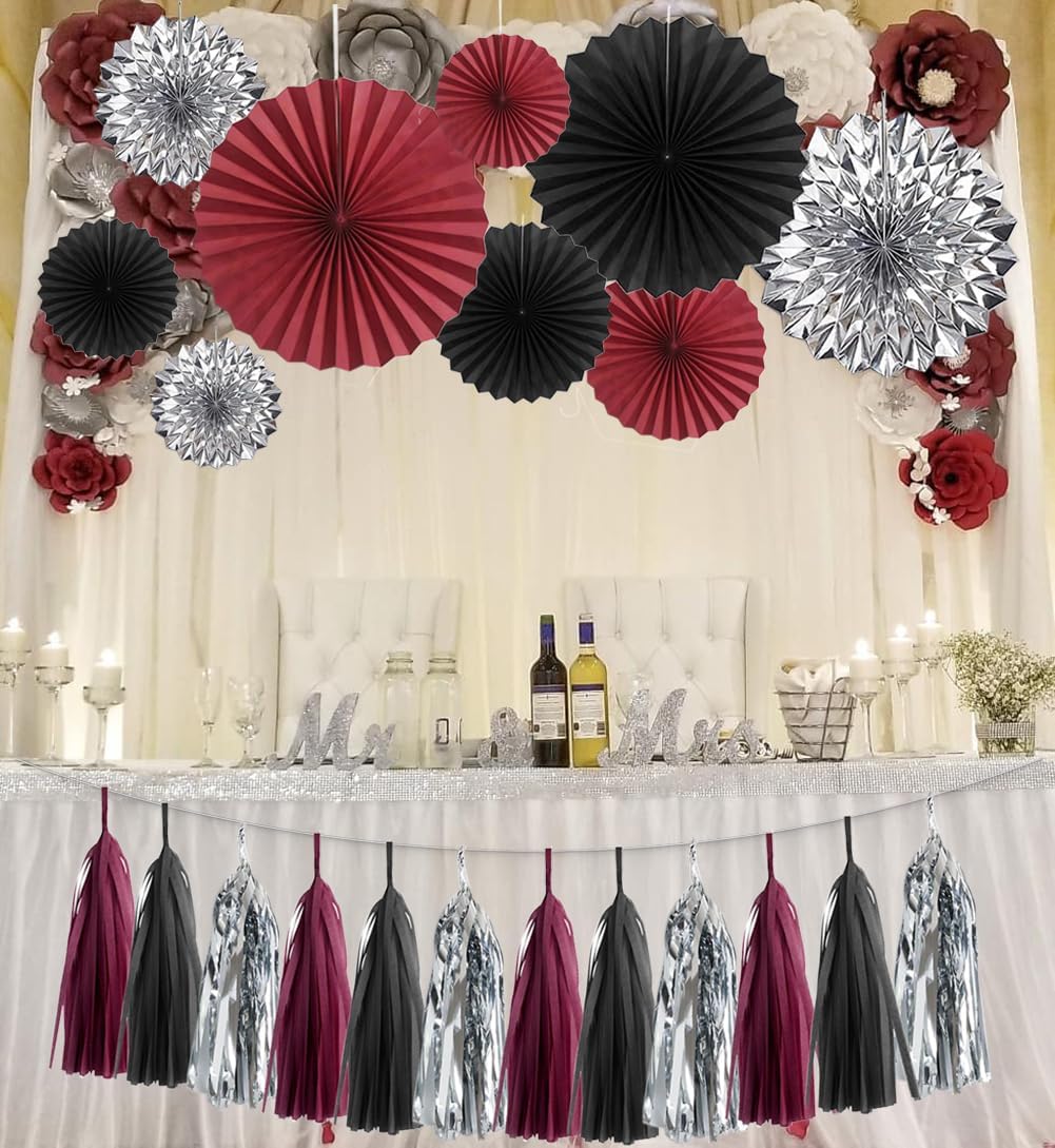 24PCS Maroon Decorations Burgundy Black Silver Party Decor Tassel Garland Banner Paper Flower Fans Streamers Wall Hanging Backdrop Graduation Wedding Birthday Bridal Shower
