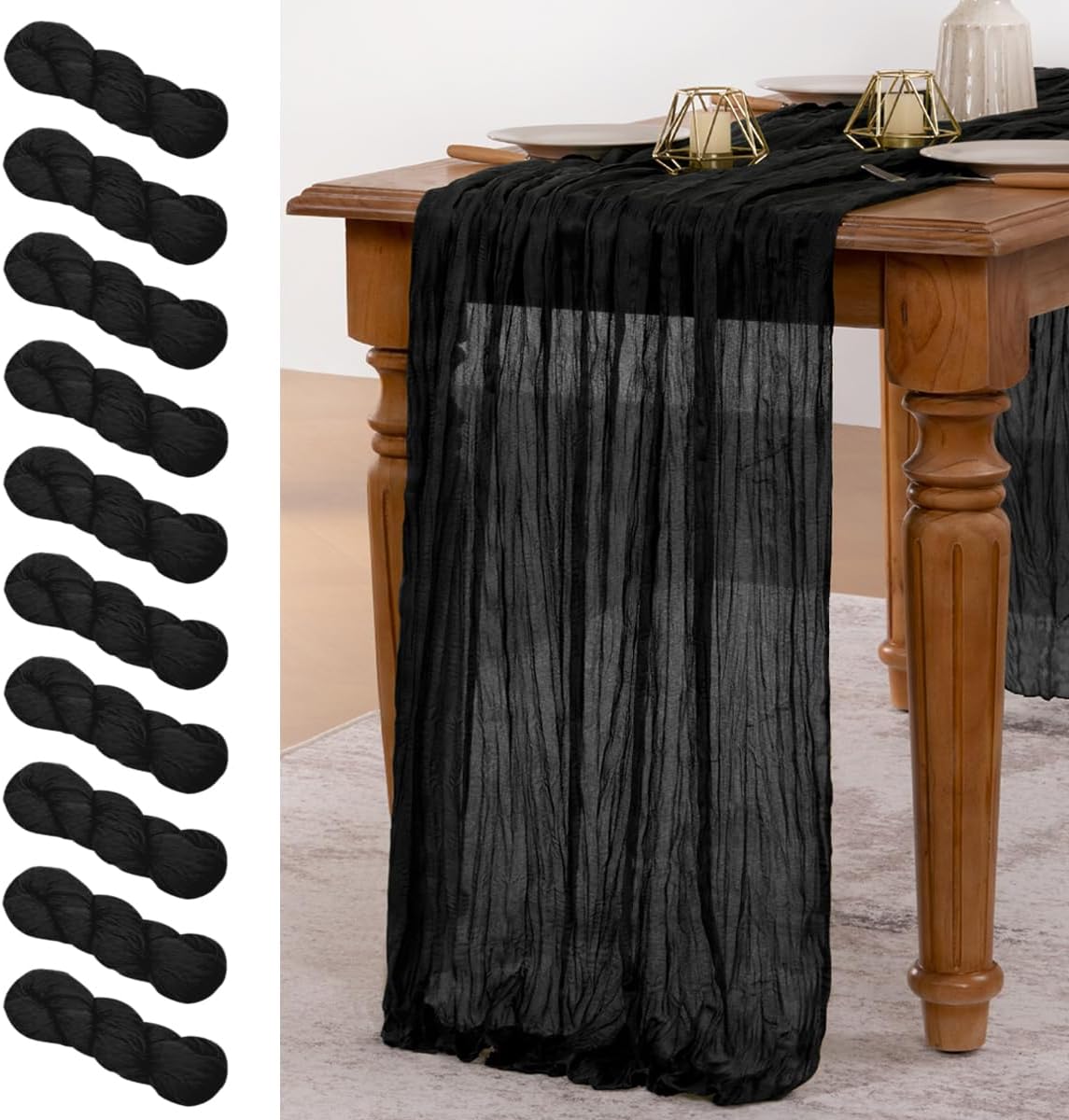 MLMW 10 Pack Halloween Table Runner Cheesecloth Black Boho Gauze Cheese Cloth 160 inch Rustic Sheer Table Runner 13.3ft for Party Wedding Baby Bridal Shower Birthday