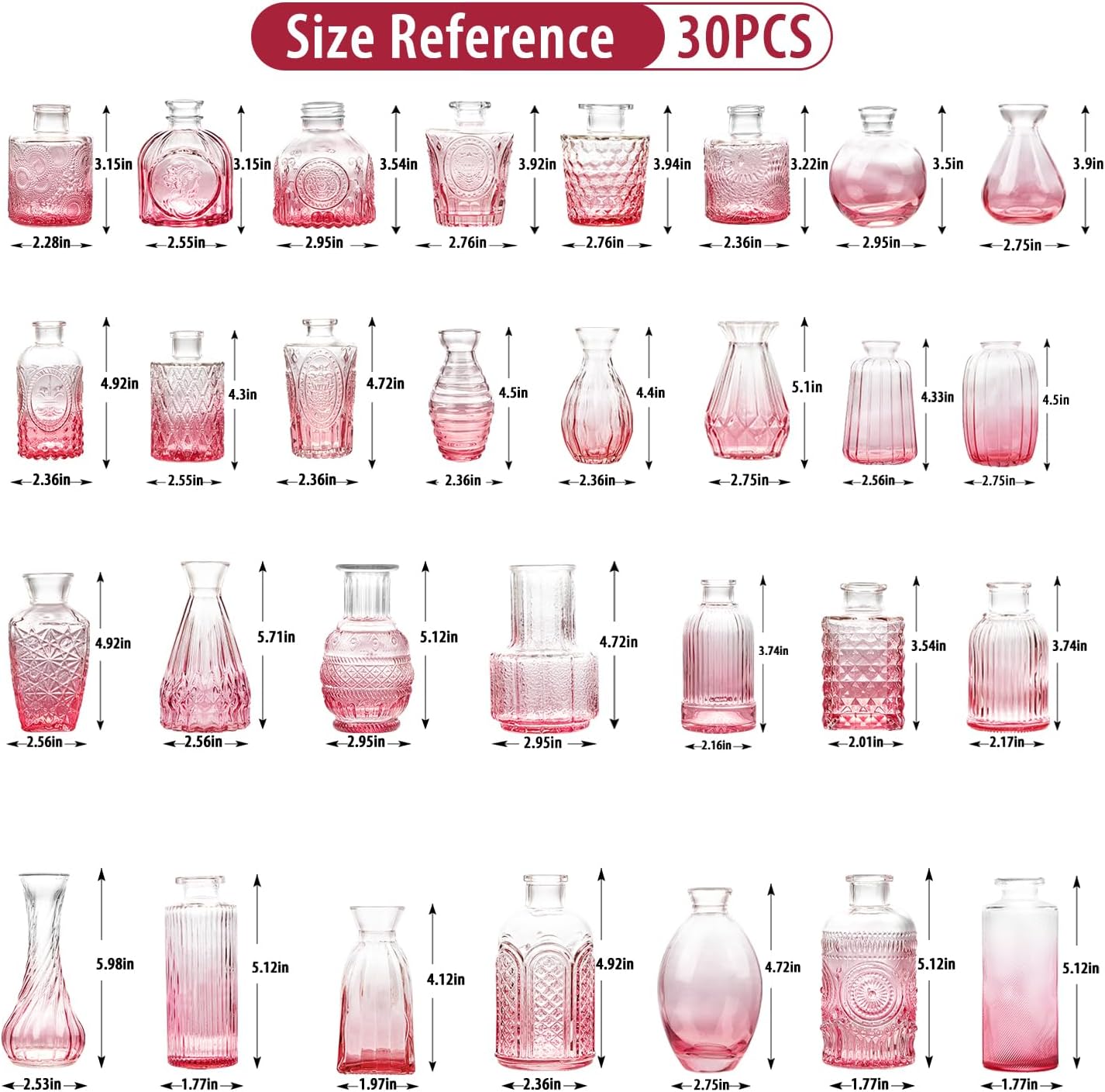 Pink Glass Bud Vase Set of 30, Small Flower Vases in Bulk, Mini Vintage Vases for Centerpieces, Home, Parties, Wedding Table Decoration (30 Pack)