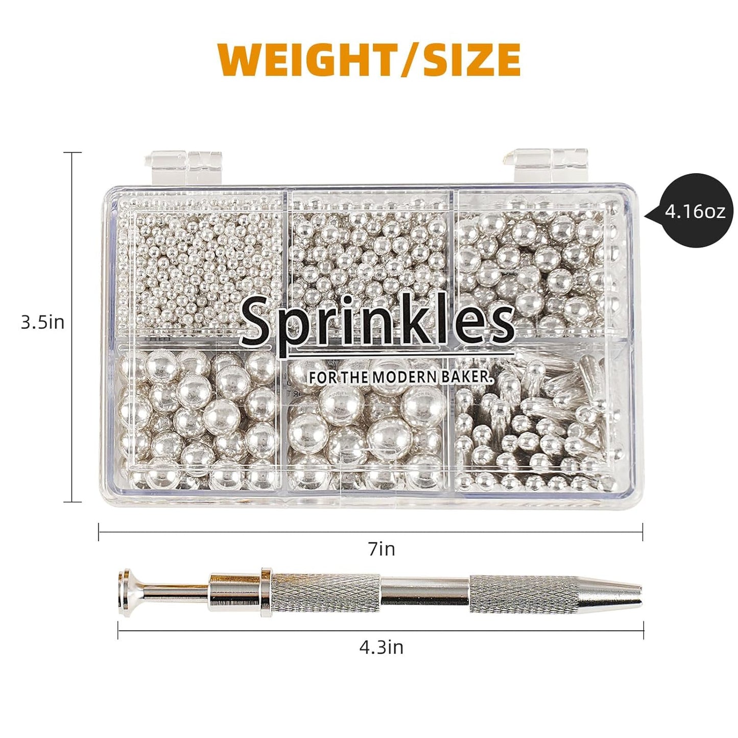 Kasvan silver Mix Sugar Sprinkles - Edible Candy Pearls with 4-Claw Sprinkle Pen,118g/4.16 Oz, Gift Box Pack, Baking Cake Decorations, Ice Cream Toppings and Cookie Decorating, Wedding Party Chirstmas Supplies