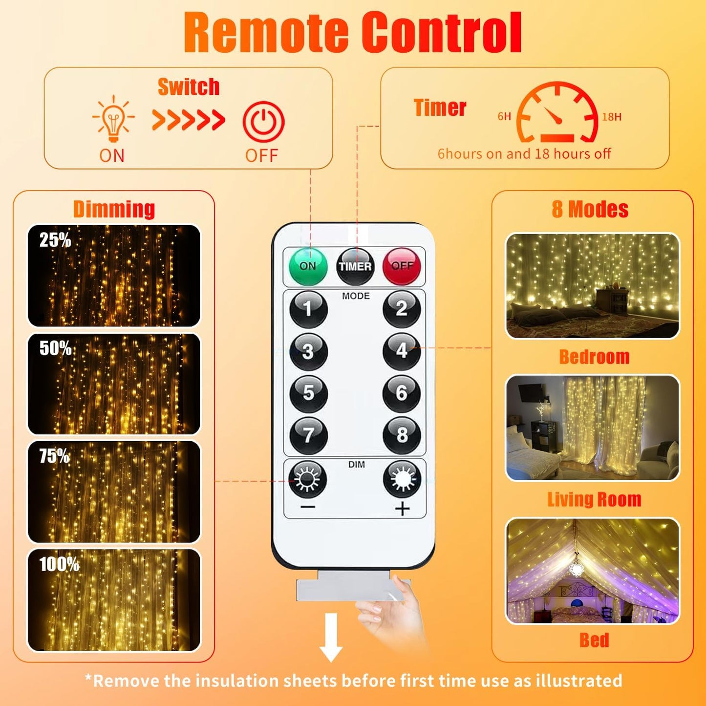 300LED Fairy Curtain Lights, 9.8x9.8Ft Warm White USB Plug in 8 Modes & Timer Christmas String Hanging Lights with Remote for Bedroom Indoor Outdoor Weddings Party Wall Decorations(Warm White)