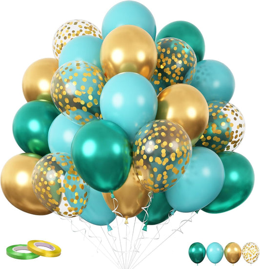 FunHot Teal Balloons, 60 Pcs Gold Turquoise Balloons, 12 Inch Metallic Gold Dark Green Gold Confetti Balloon Teal Blue White Latex Balloon for Wedding Birthday Baby Shower Party Decorations
